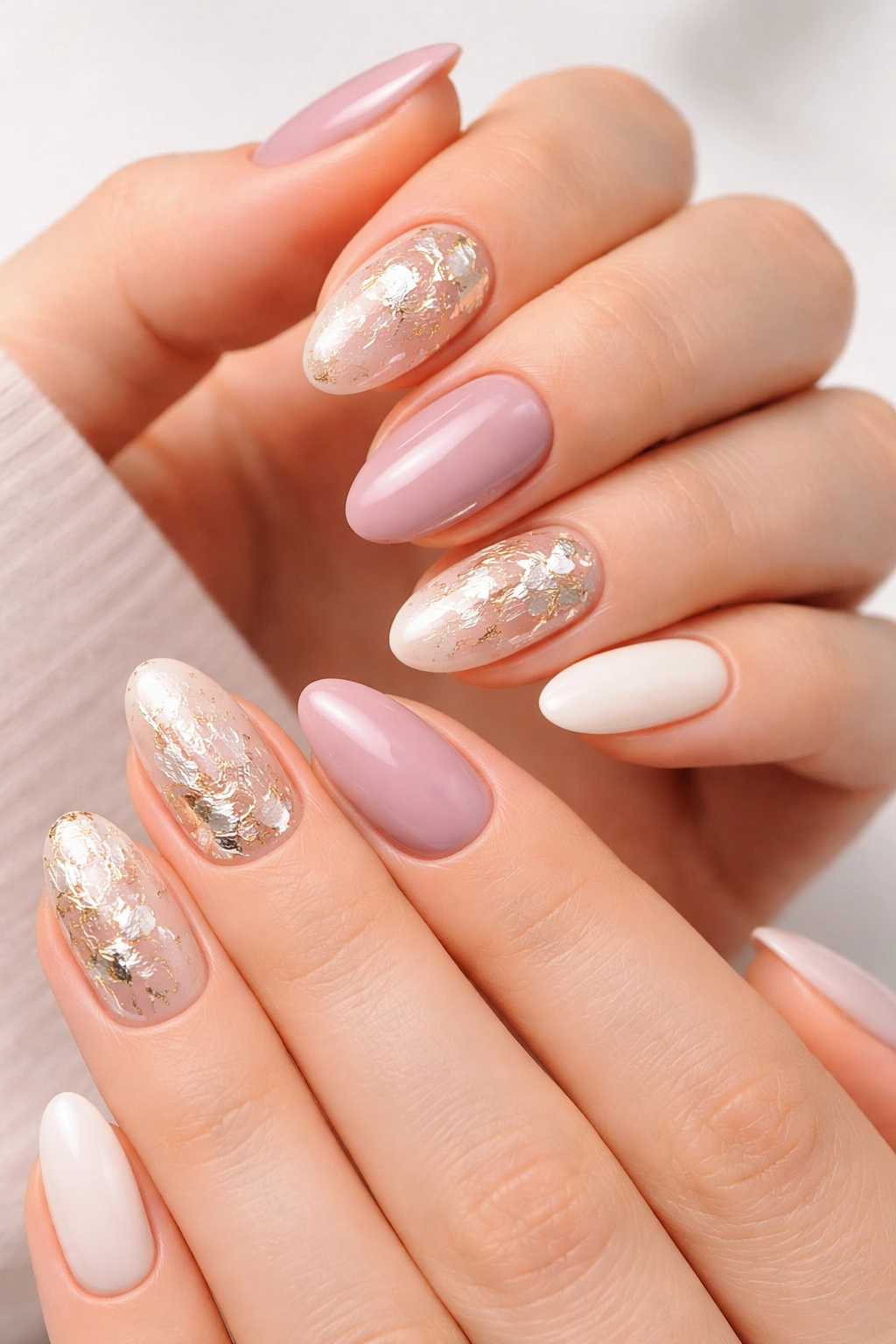 Close-up of nails with metallic foil accents on hands