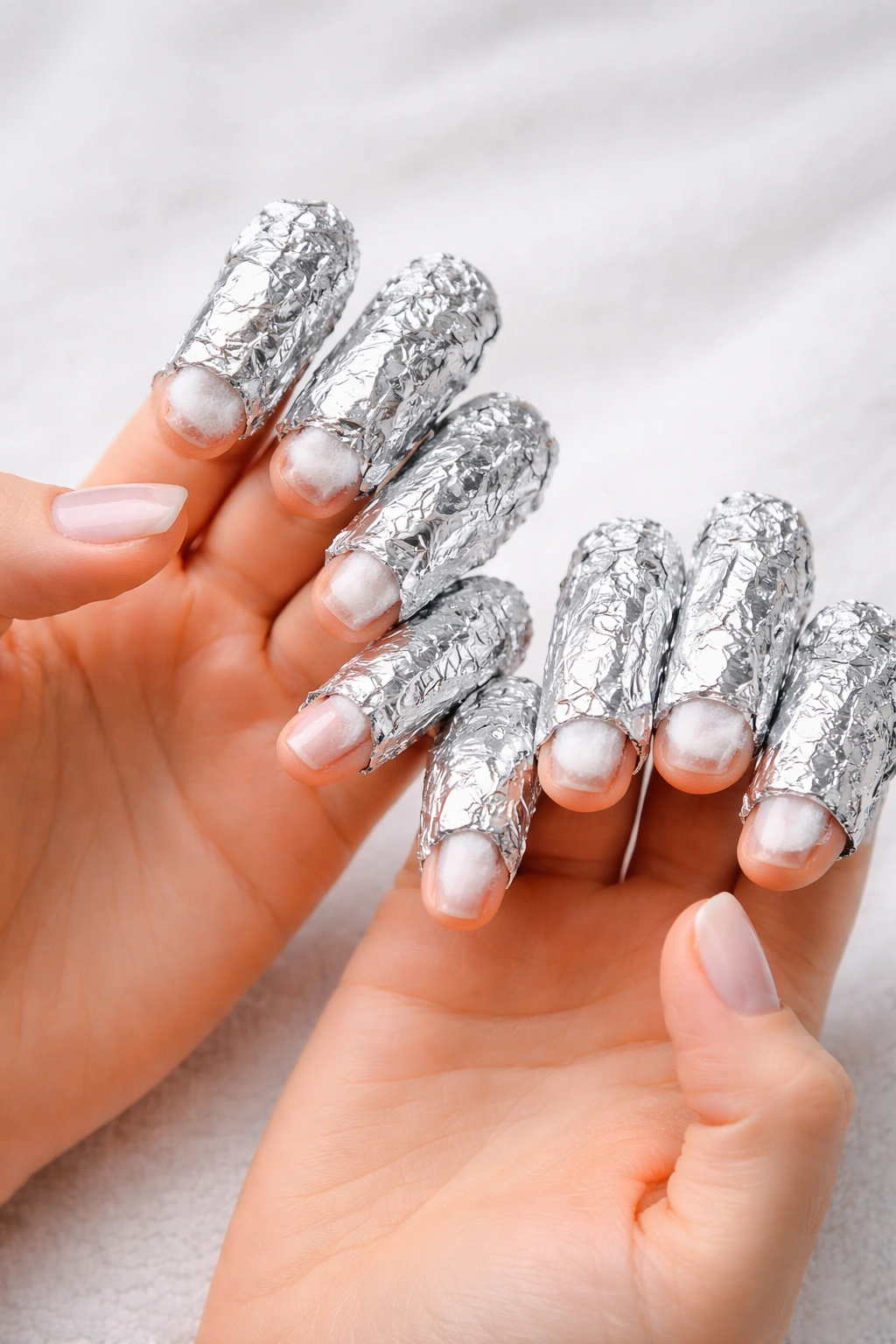 Hands with aluminum foil wraps around fingertips during gel polish removal