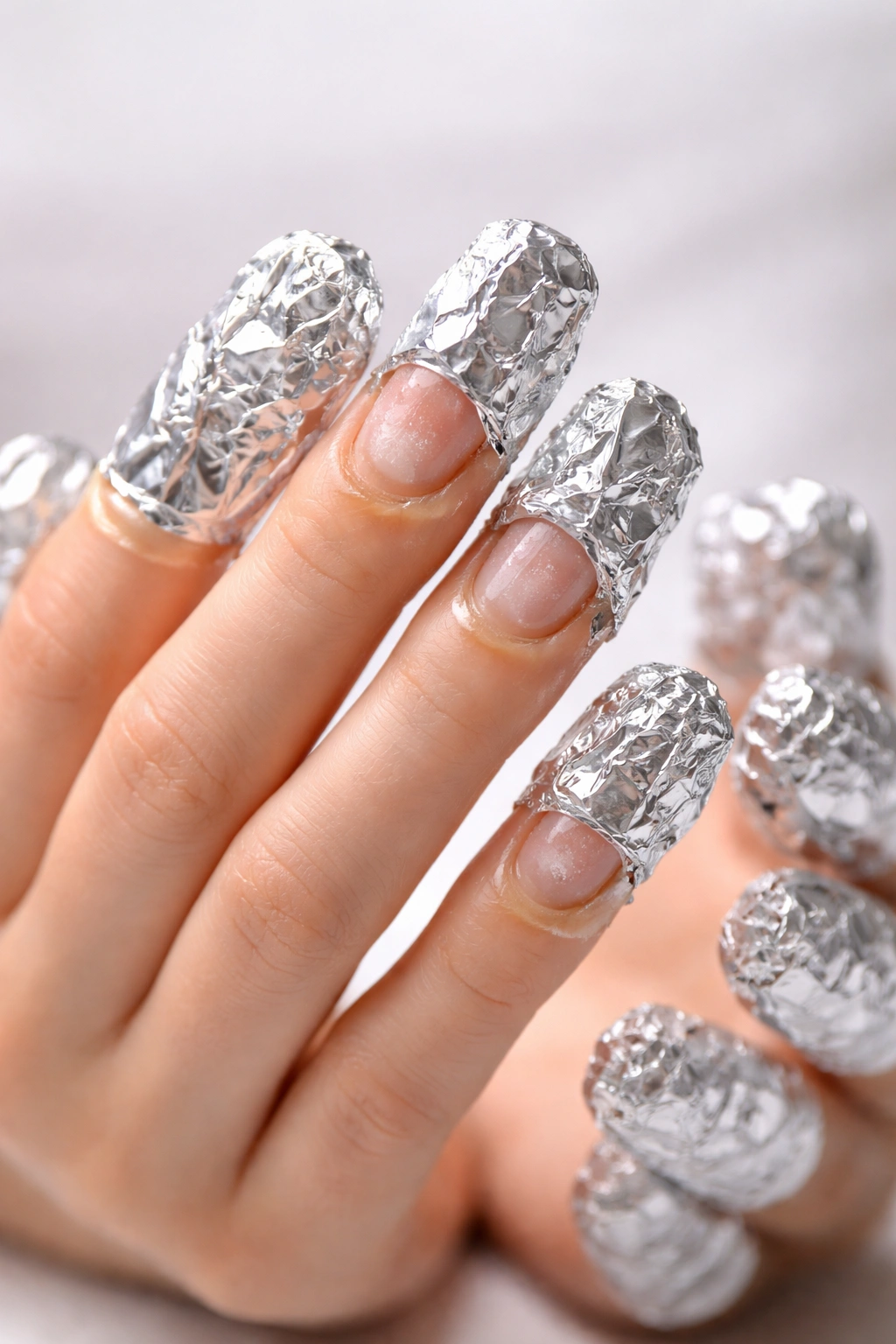 Nails wrapped in foil during dip powder removal