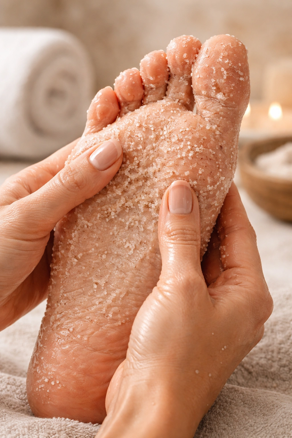 Close-up of a foot being exfoliated with a gritty scrub for smooth feet