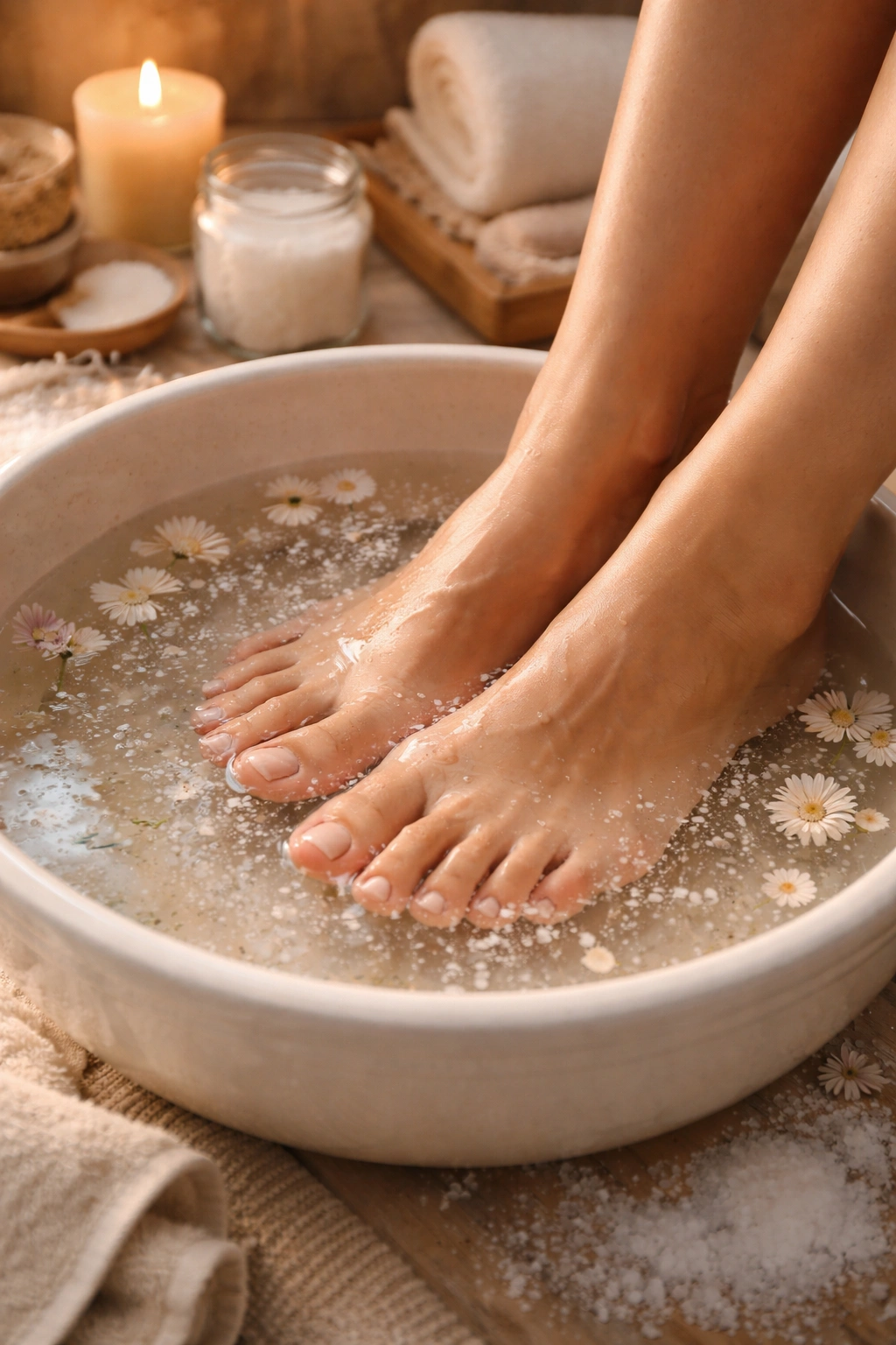 Feet soaking in warm water basin for pedicure