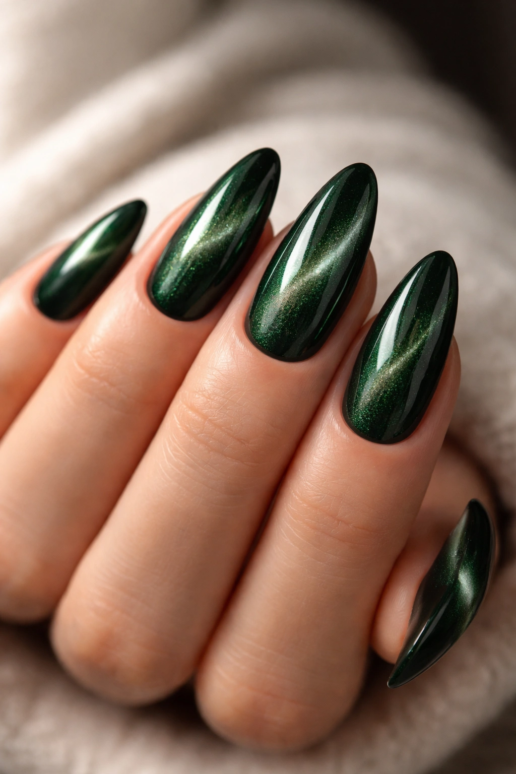 Forest green almond nails with cat-eye shimmer