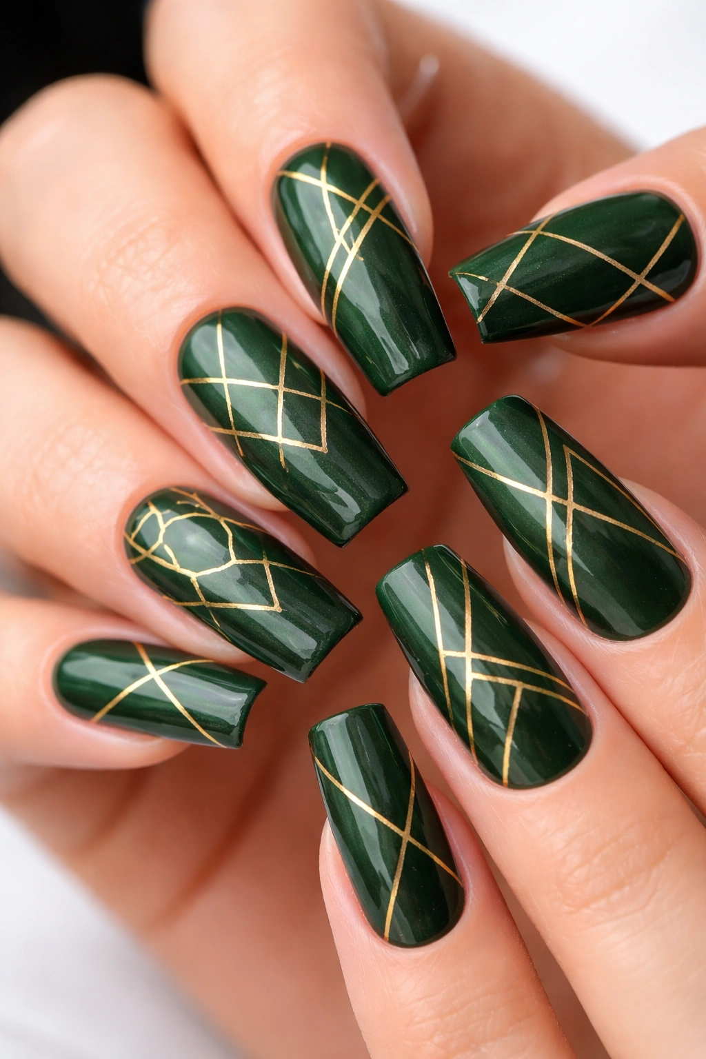 Close-up of forest green coffin nails with gold geometric lines