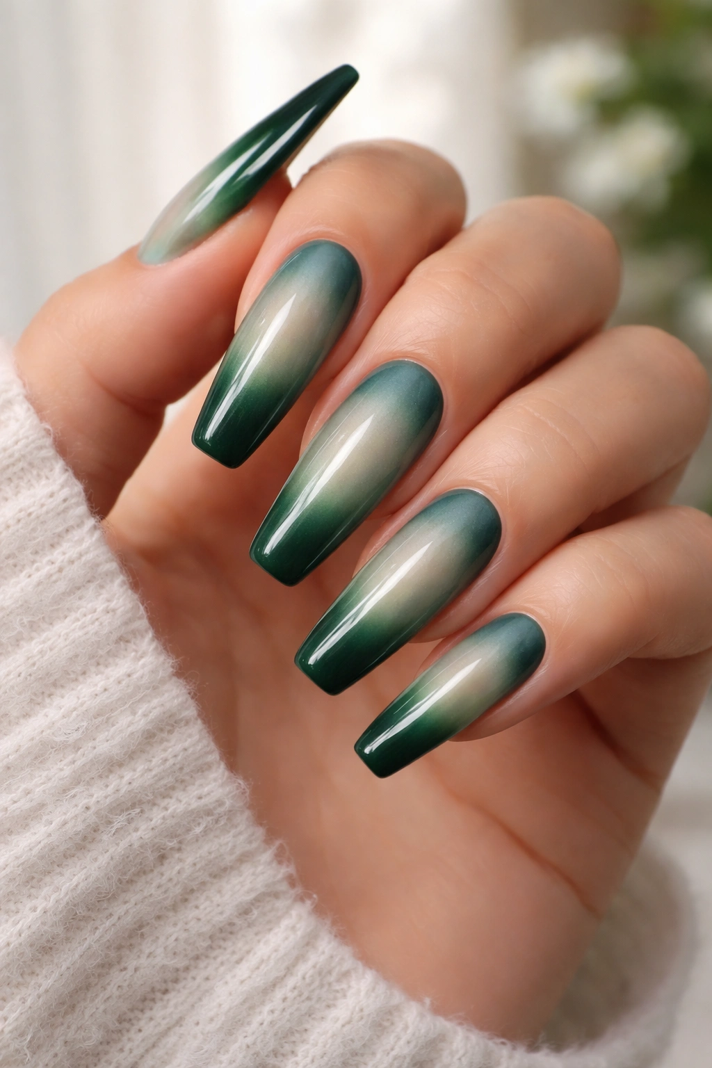 Close-up of forest green coffin nails with glazed donut gradient