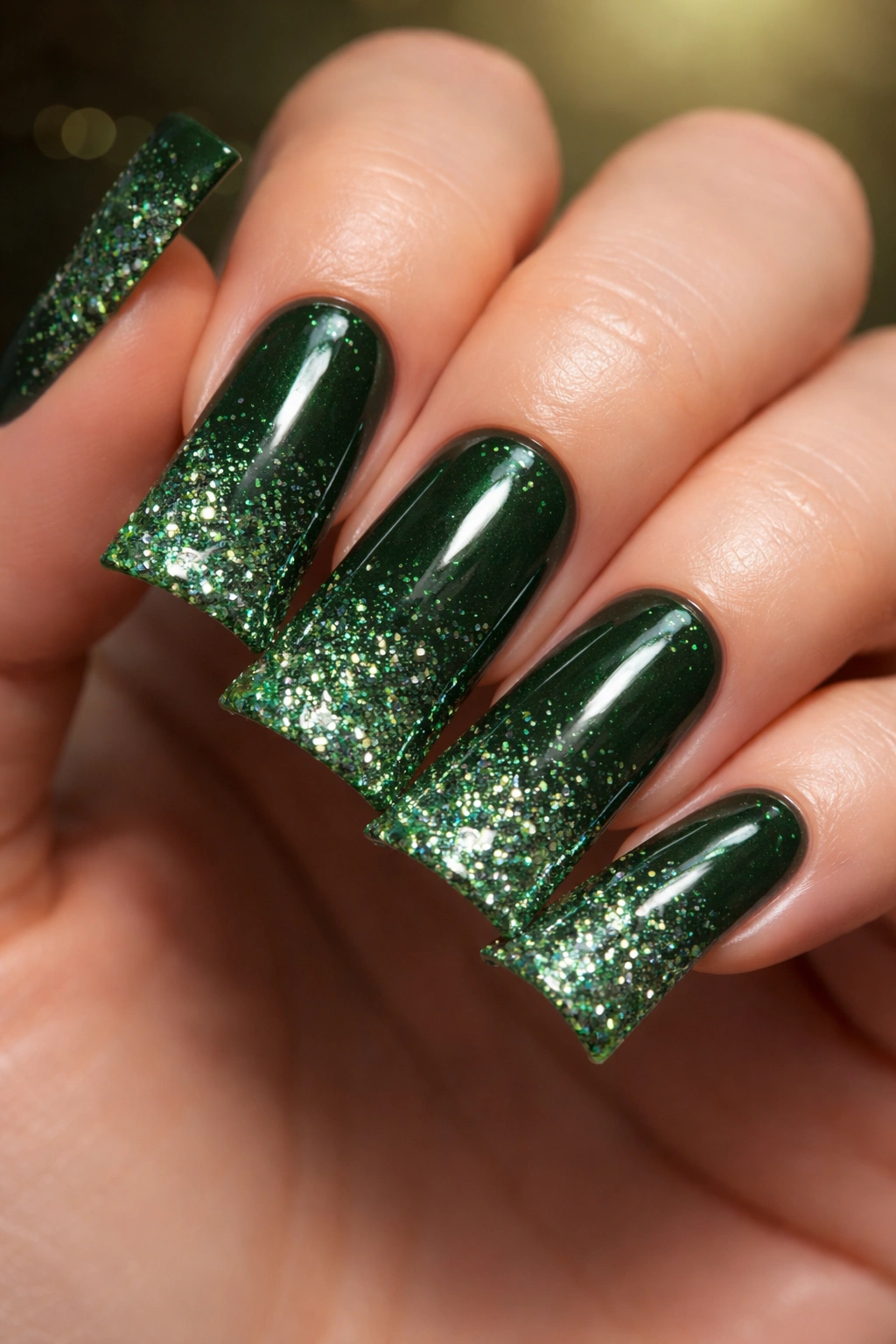 Duck nails with forest green base and glitter accents on a wide nail fan