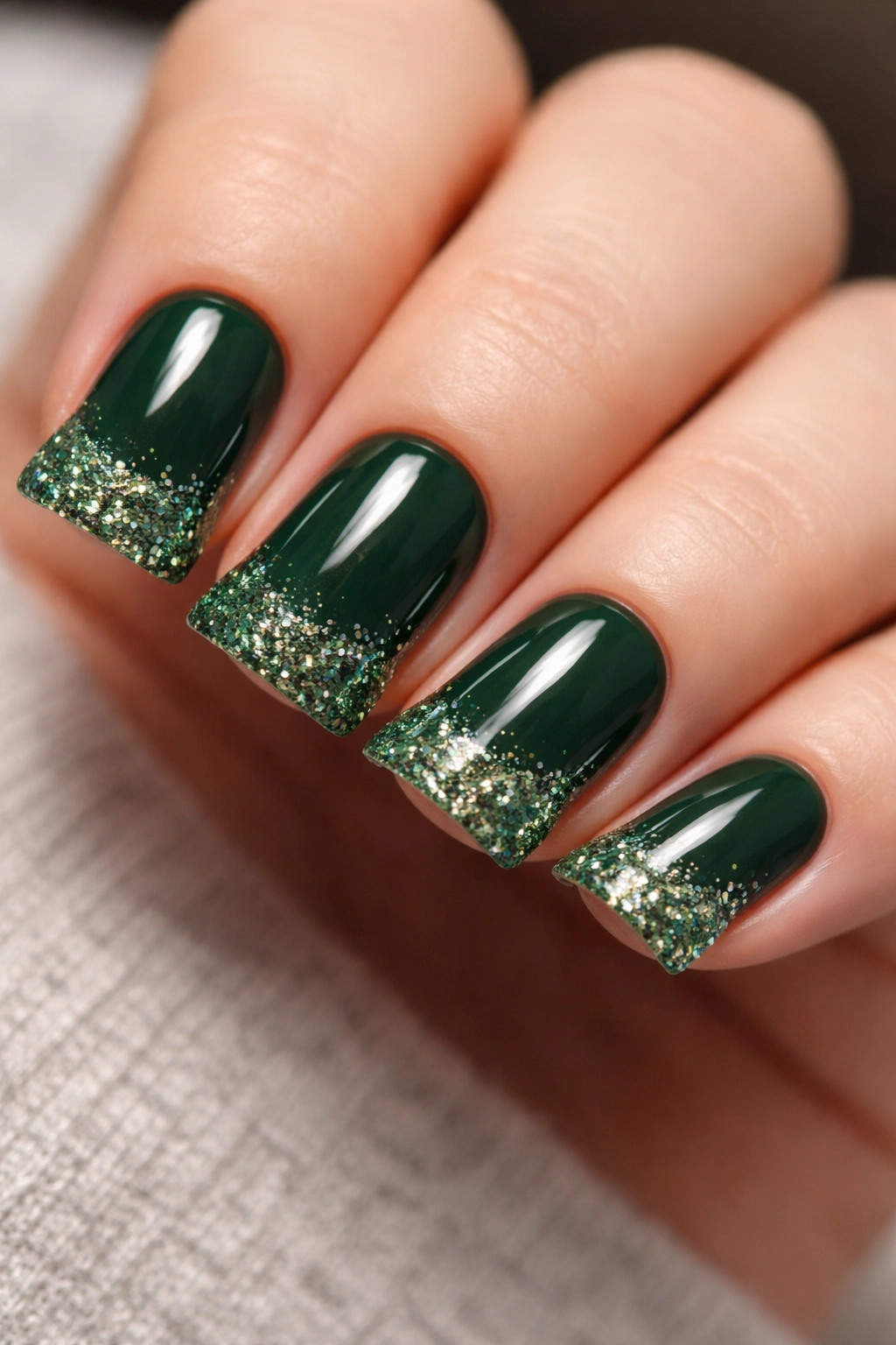 Close-up of forest green nails with glitter tips on short nails