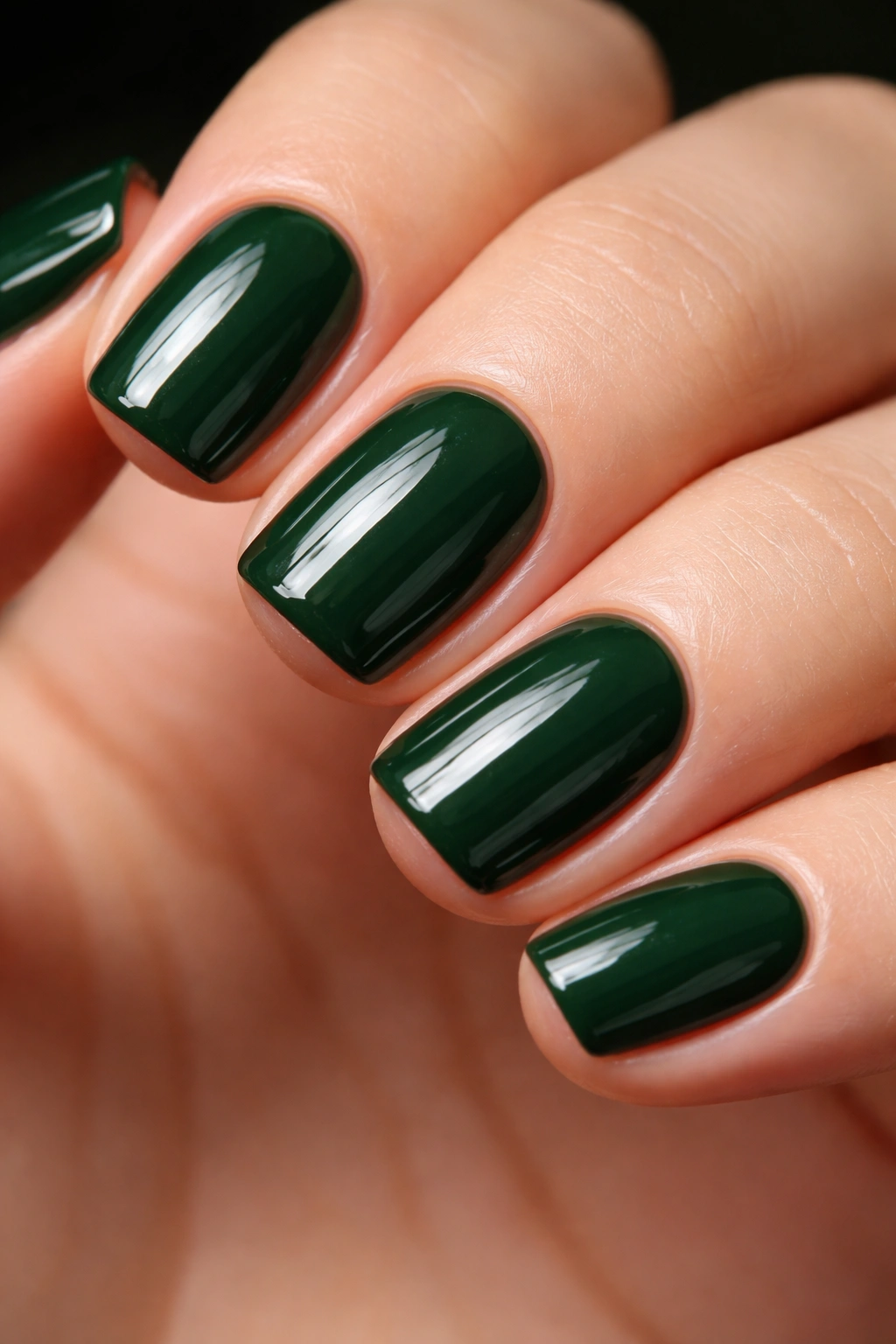 Close-up of forest green squoval nails with a glossy finish