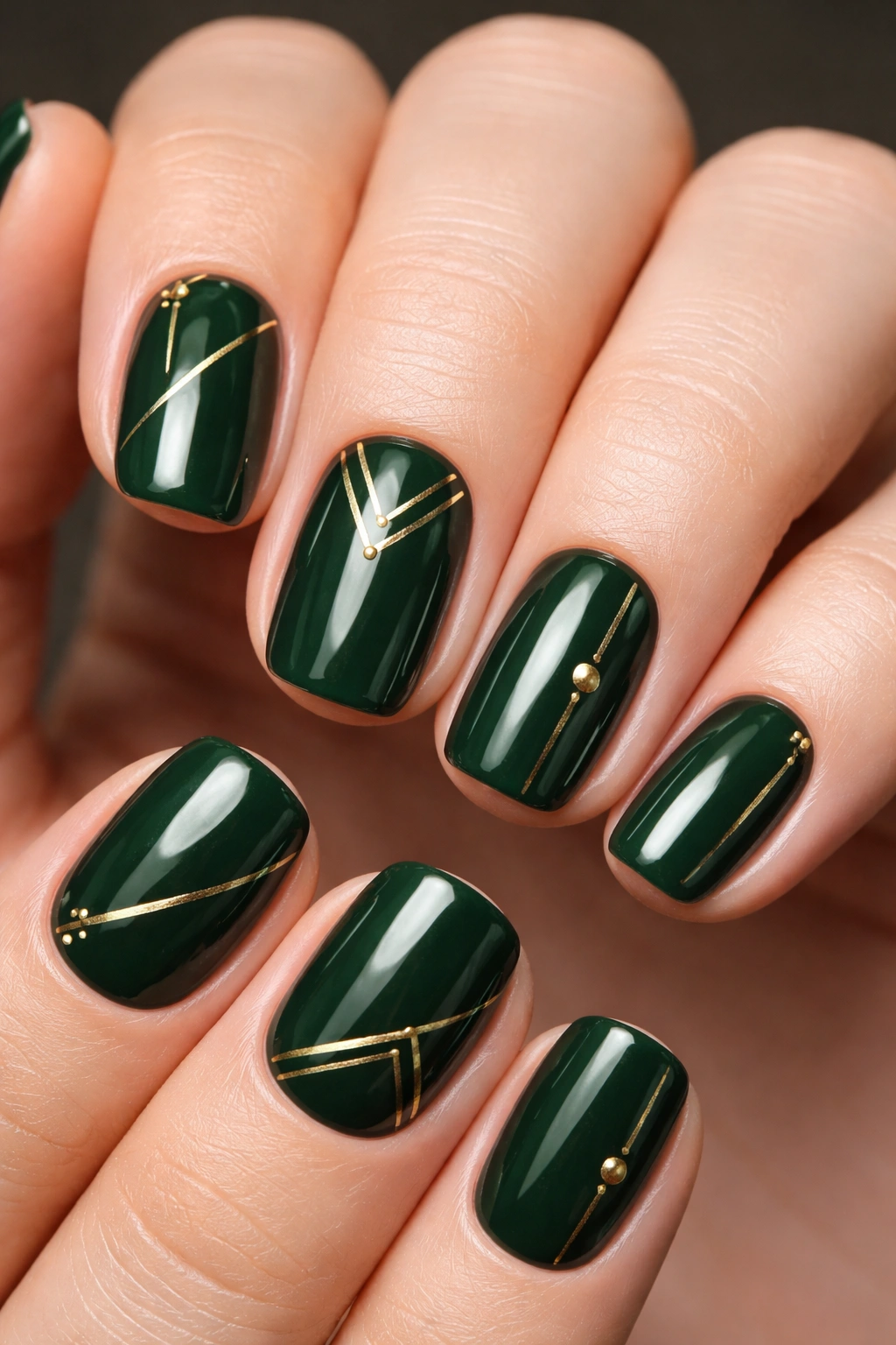 Close-up of forest green builder gel nails with gold geometric patterns on short squoval nails