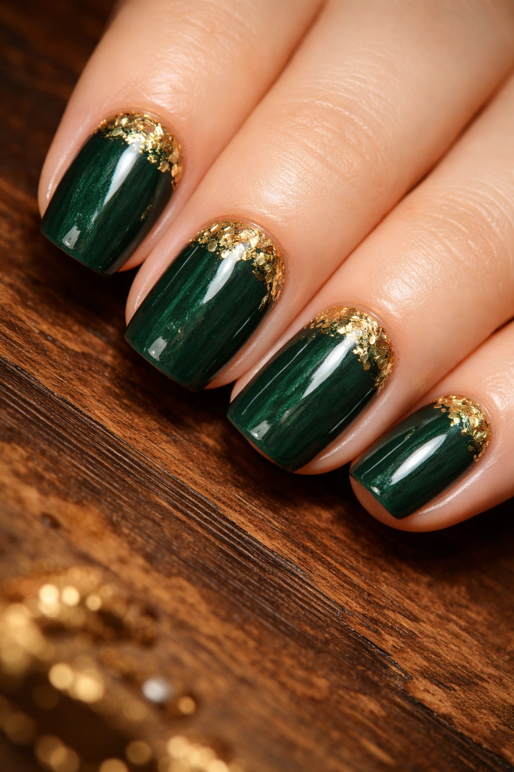 Close-up of short squoval nails in deep forest green with gold leaf accent at the base