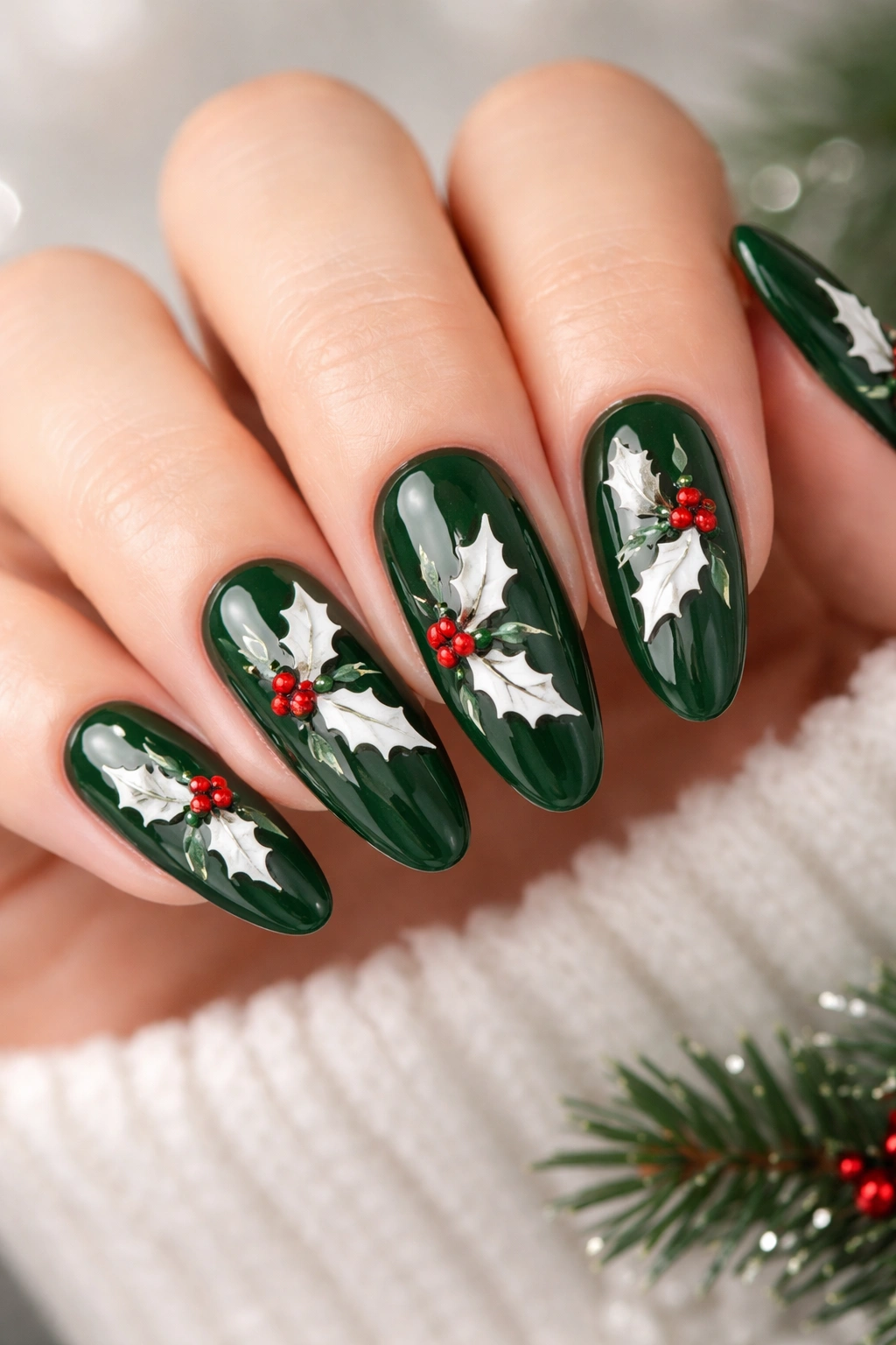 Forest green nails with white holly leaves and red berries on long ovals
