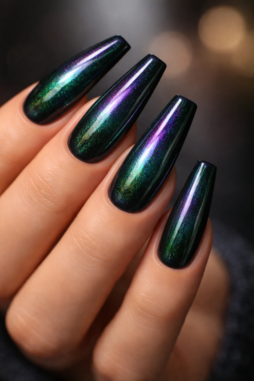 Close-up of deep forest green coffin nails with iridescent shimmer overlay