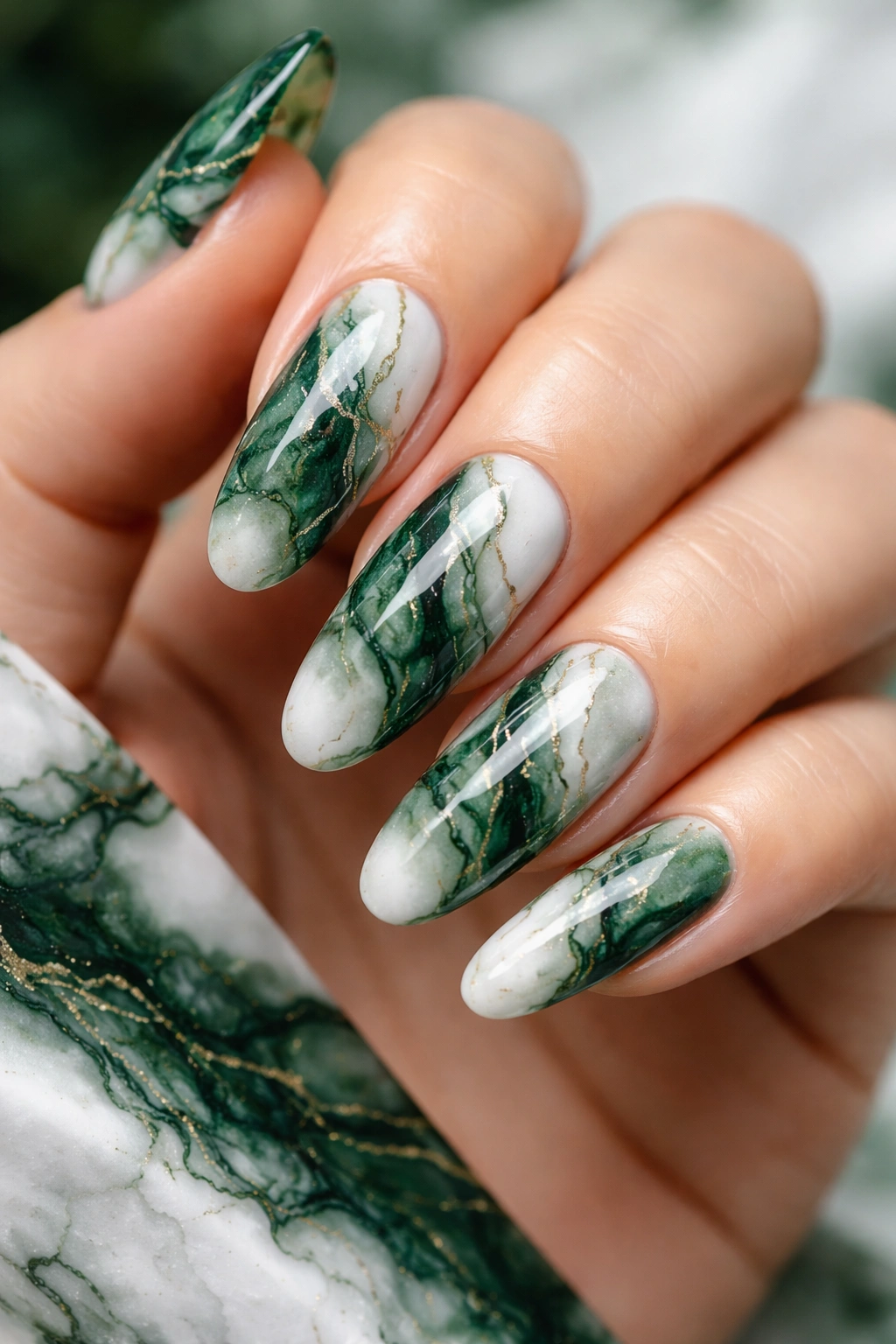 Close-up of forest green marble nails on white base
