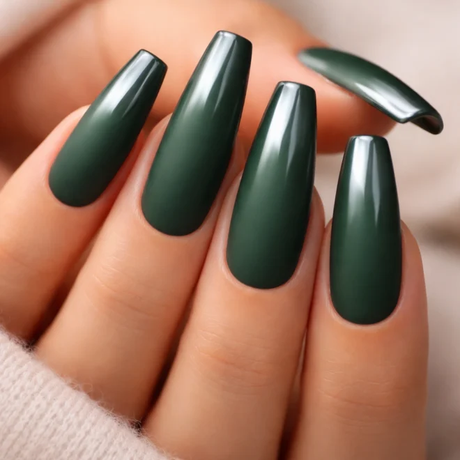 18 Dark Green Coffin Nails for Long Nails
