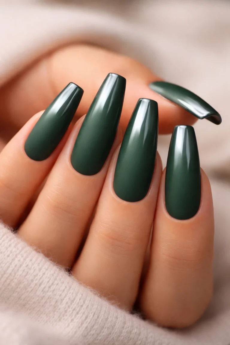18 Dark Green Coffin Nails for Long Nails