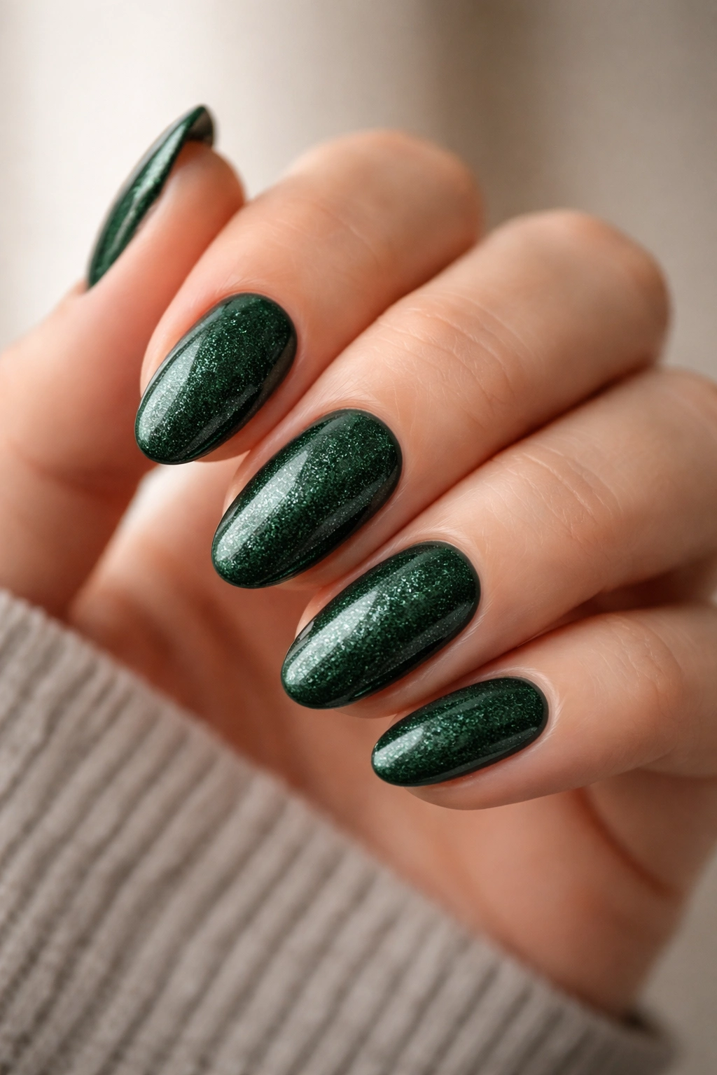 Forest green almond nails with barely-there micro glitter