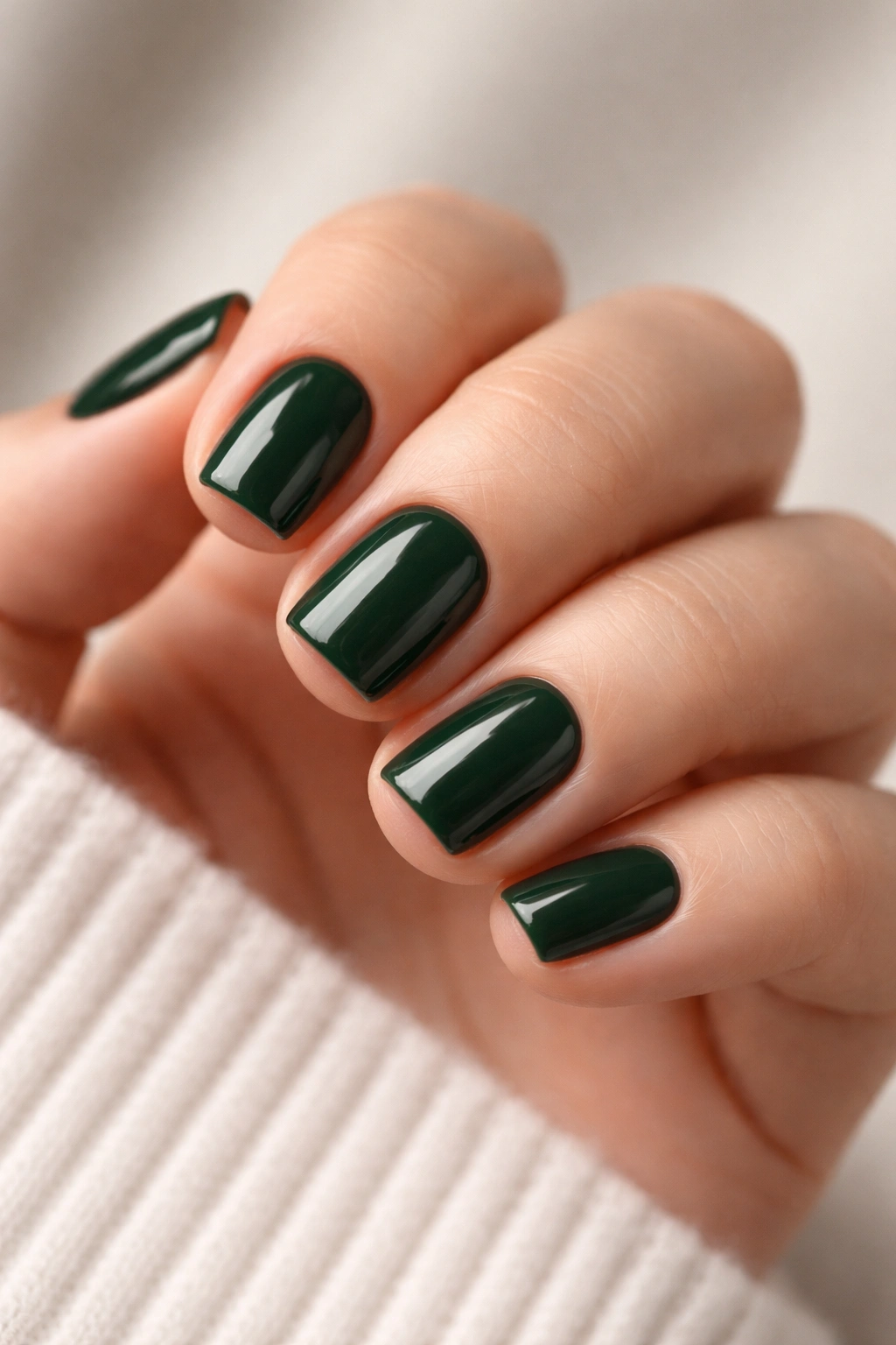 Close-up of short nails painted forest green with a glossy finish