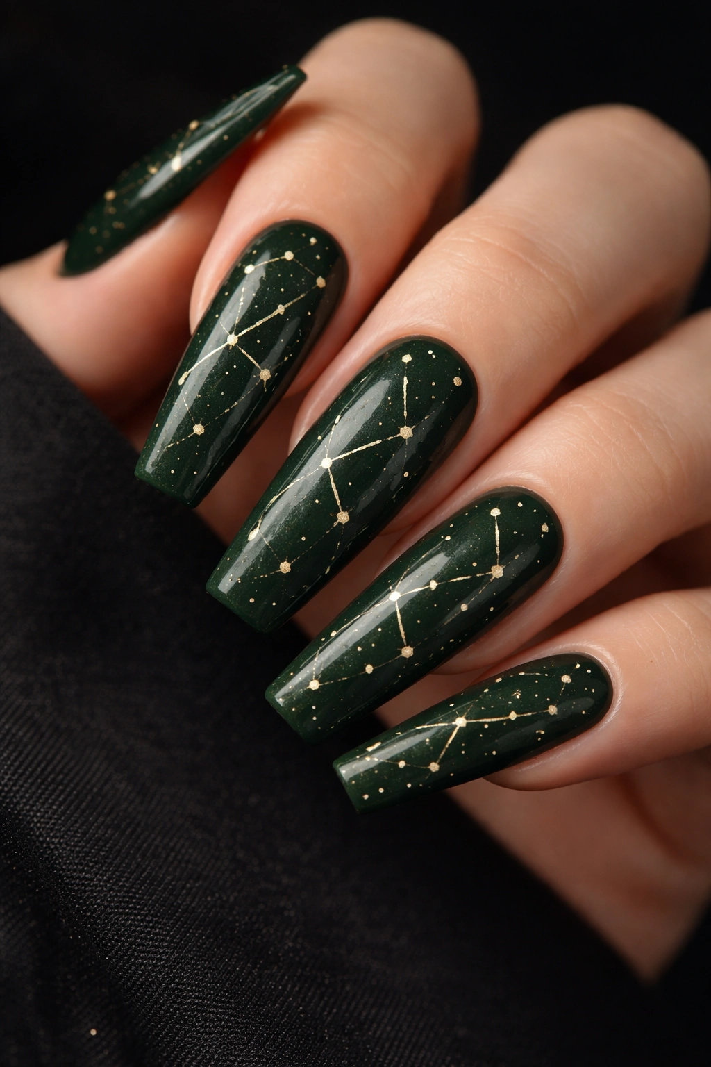 Close-up of forest green coffin nails with gold constellation map