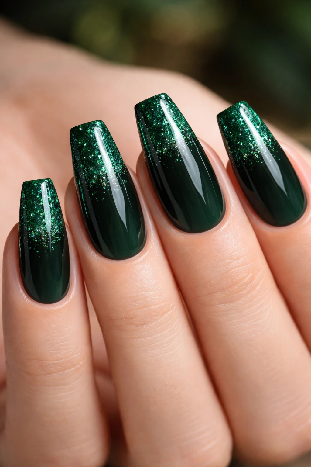Forest green coffin nails with emerald glitter gradient on tips