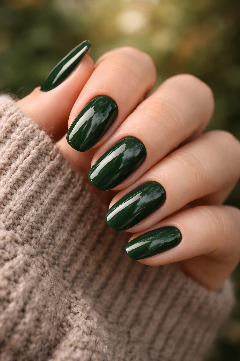 Close-up of nails painted in deep forest green