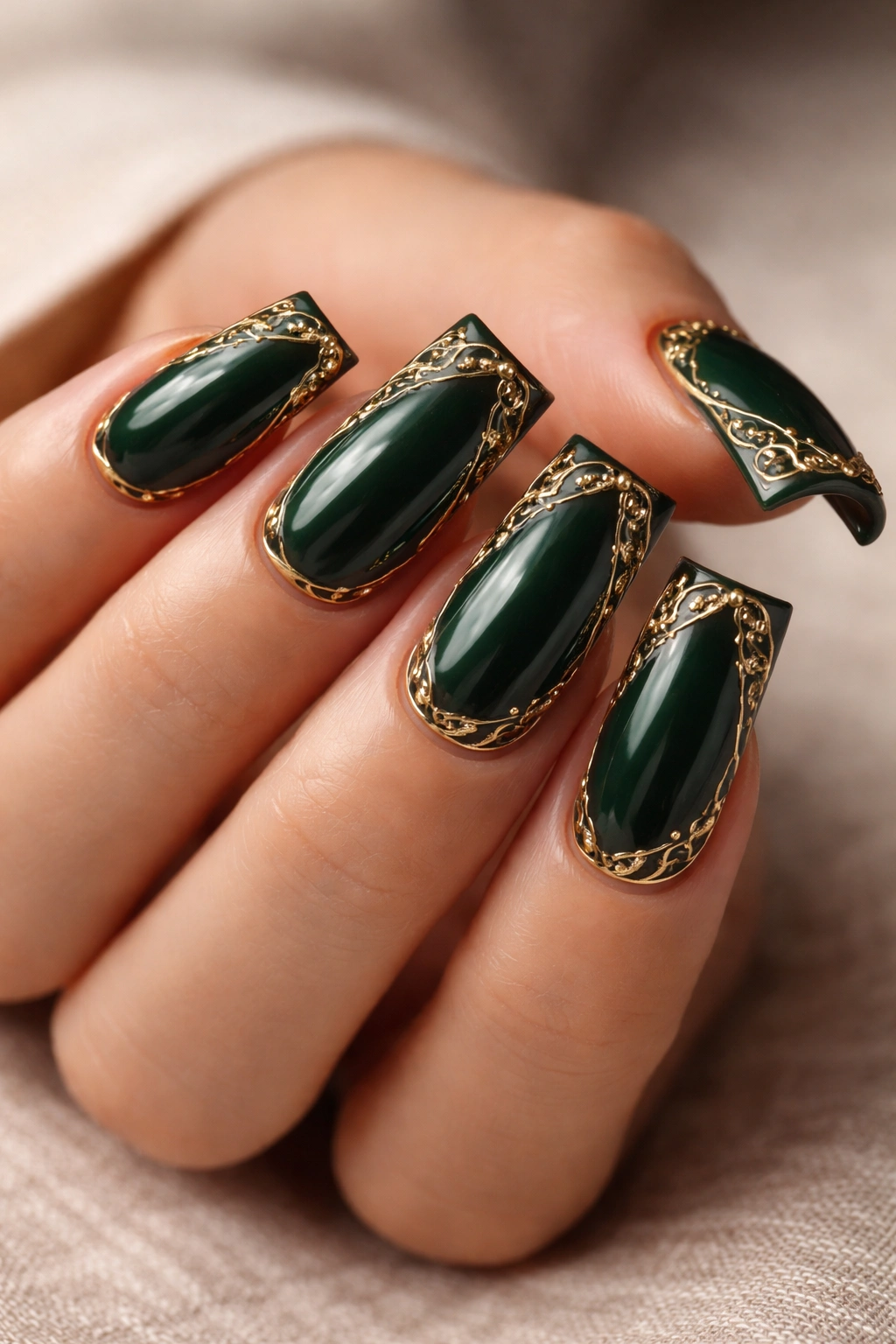 Close-up of forest green curved duck nails with delicate gold filigree accents.