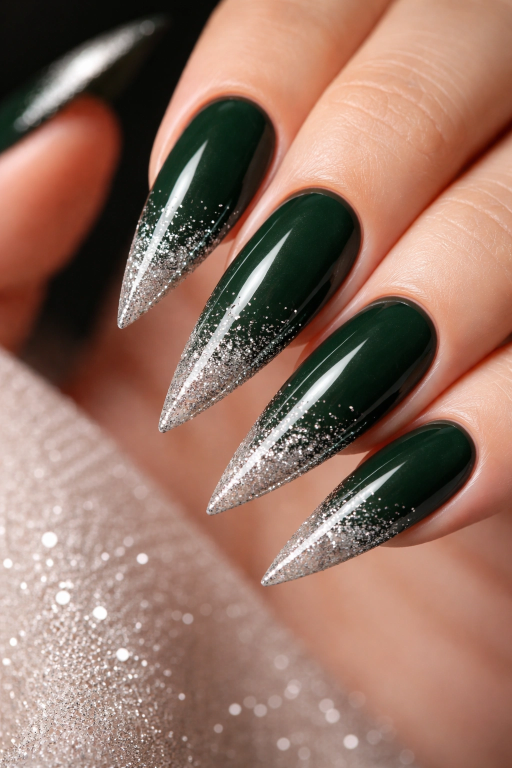 Forest green stiletto nail with silver glitter gradient