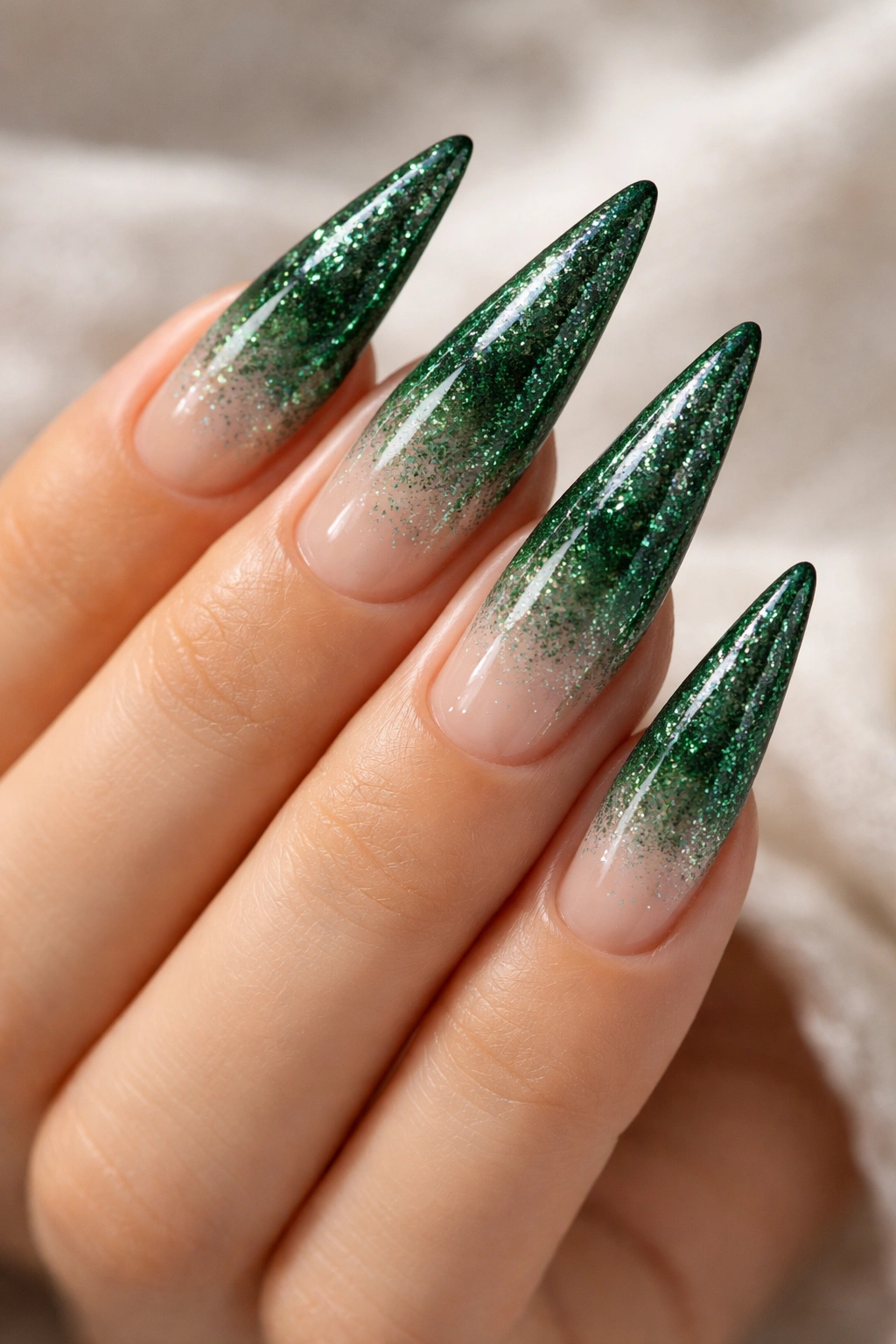 Forest green glitter ombré nails fading to clear