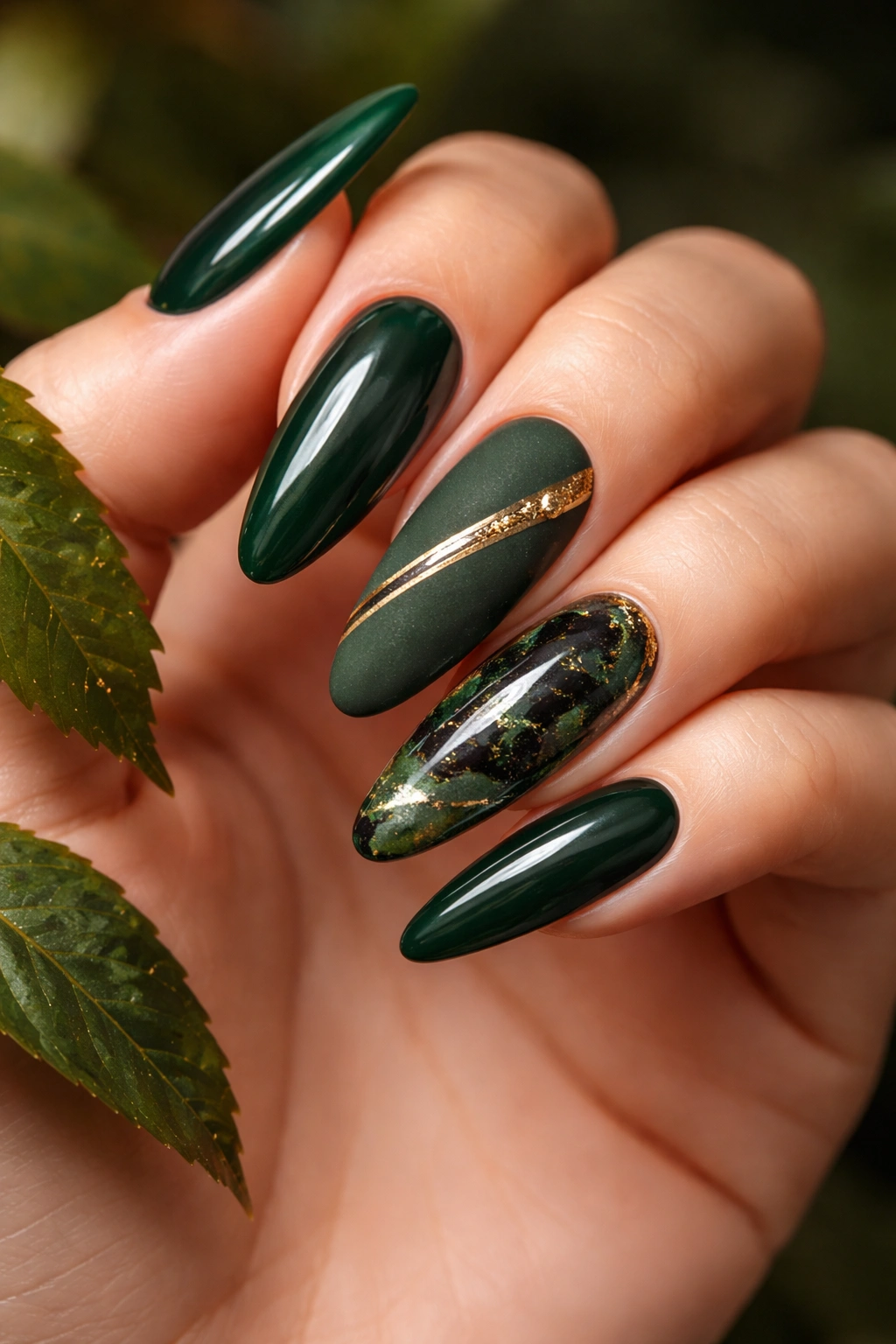 Close-up of forest green nails with gold accents and varied finishes