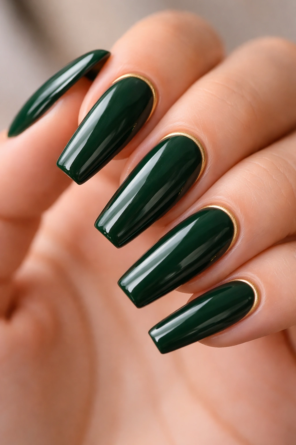 Forest green nails with a thin gold cuticle frame