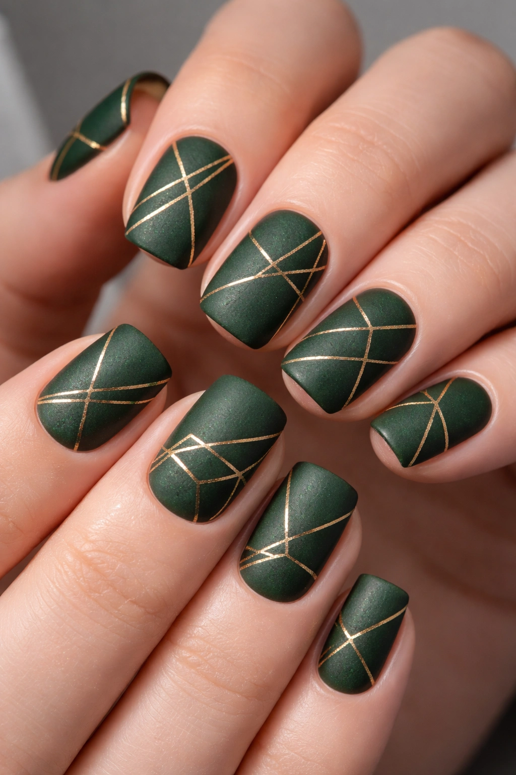 Close-up of deep forest green short squoval nails with thin gold geometric lines on matte finish
