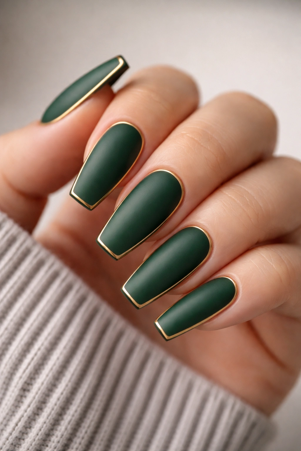 Forest green matte coffin nails with thin gold outline