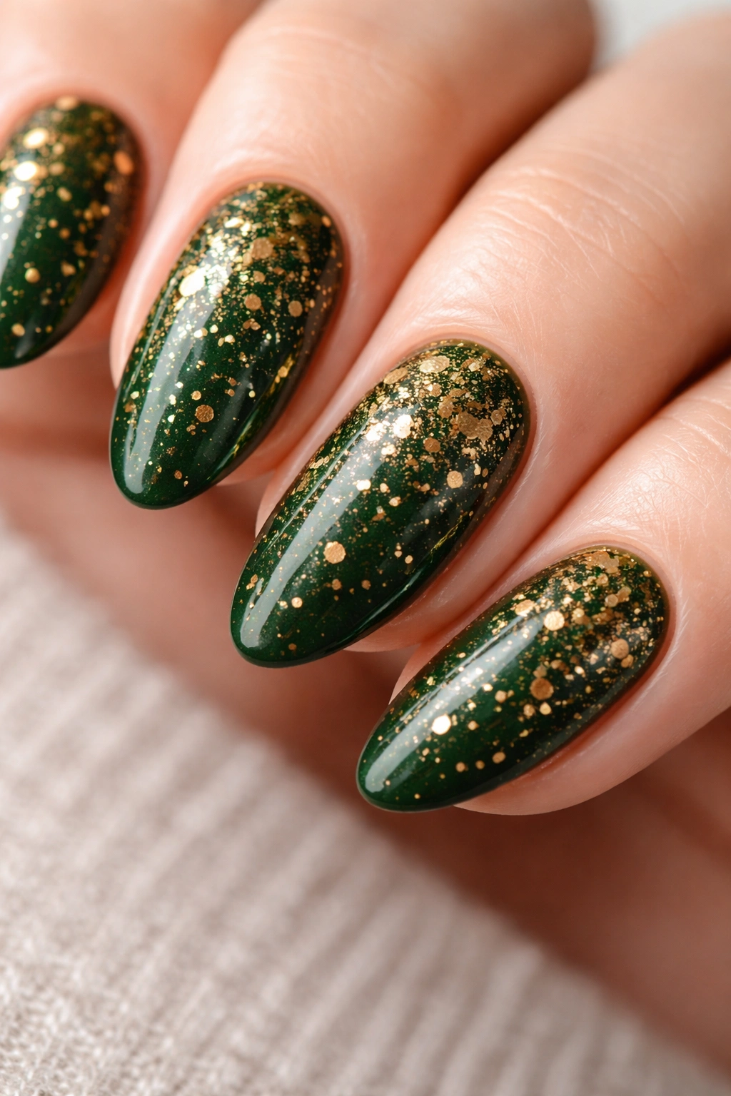 Close-up of forest green nails with scattered gold speckles