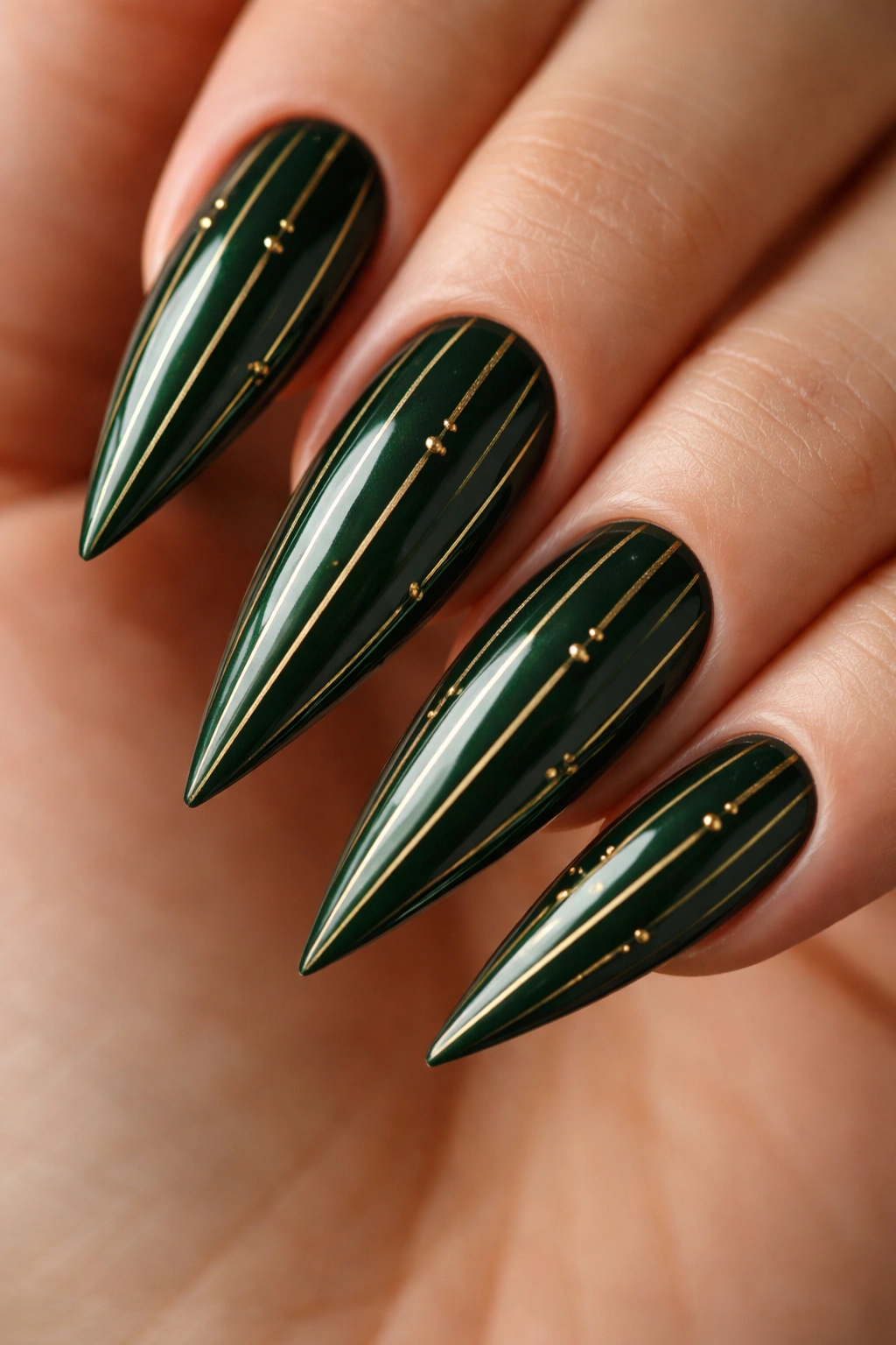 Dark forest green stiletto nails with gold vertical stripes and dots