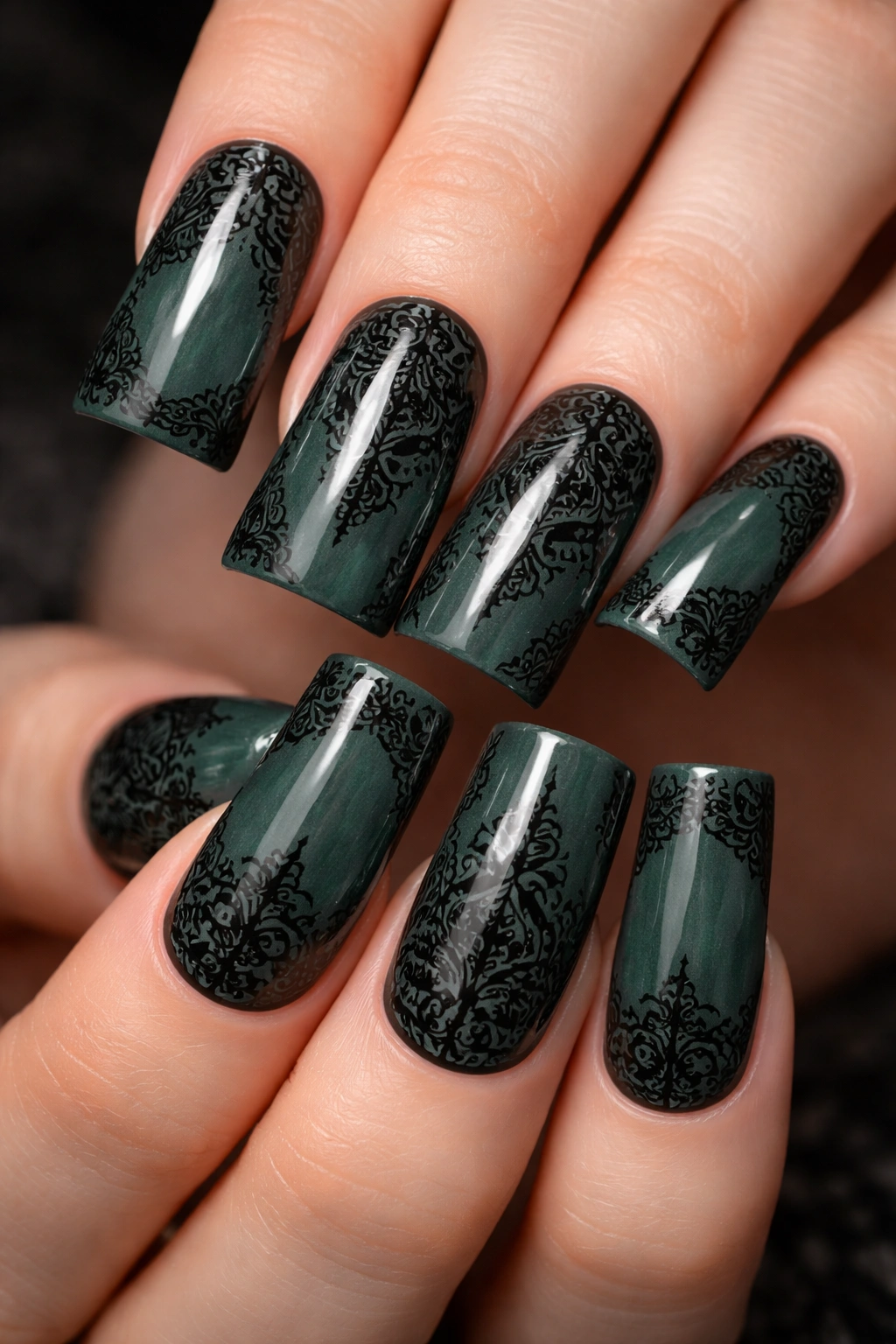 Close-up of forest green nails with black Gothic pattern details