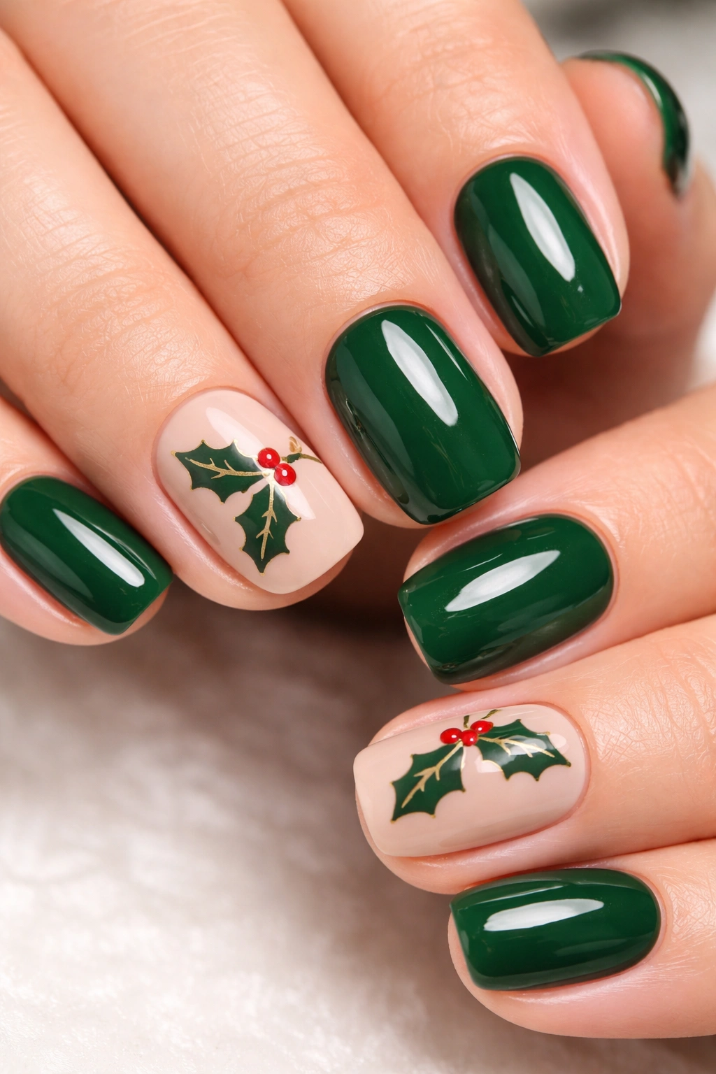 Close-up of forest green nails with holly leaf art