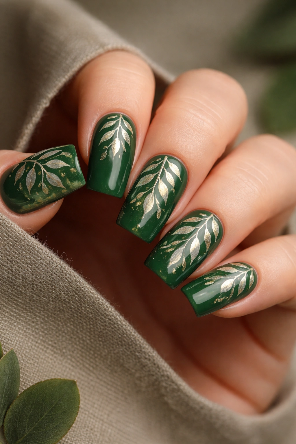 Close-up of forest green duck nails with leaf nail art on a muted background