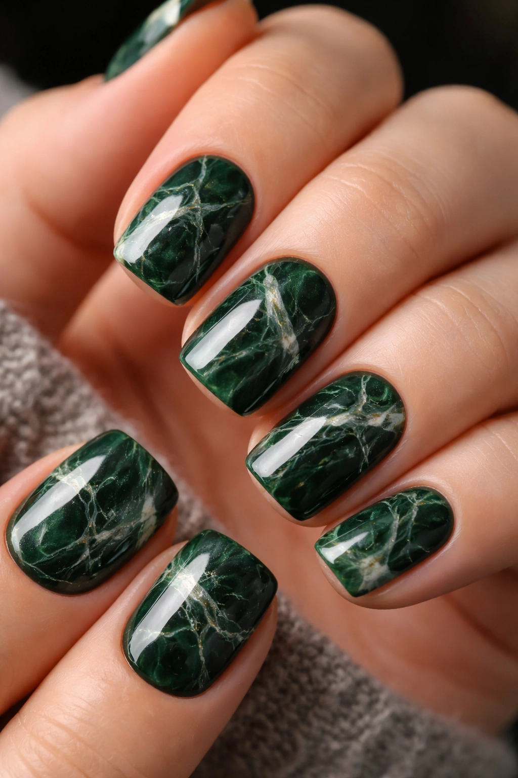 Close-up of short squoval nails with forest green base and marble veining