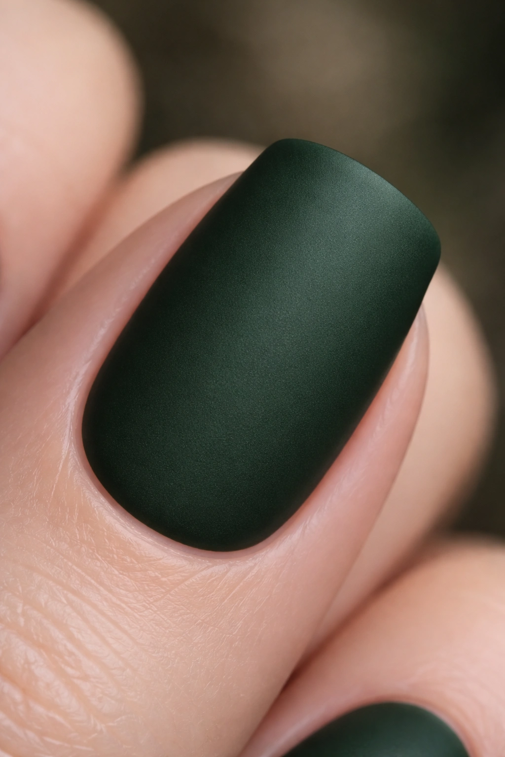 Close-up of a fingernail in forest green matte polish showing depth