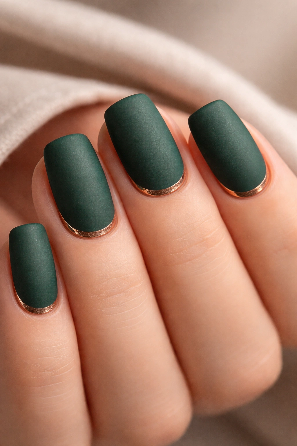 Forest green squoval nails with matte finish and metallic copper accents