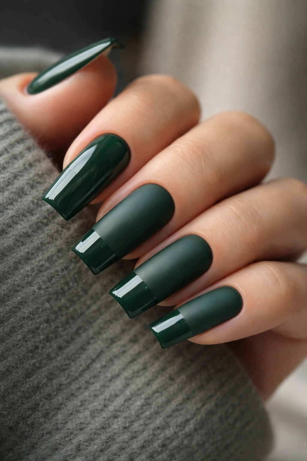 Forest green nails matte base with glossy tip on coffin nails