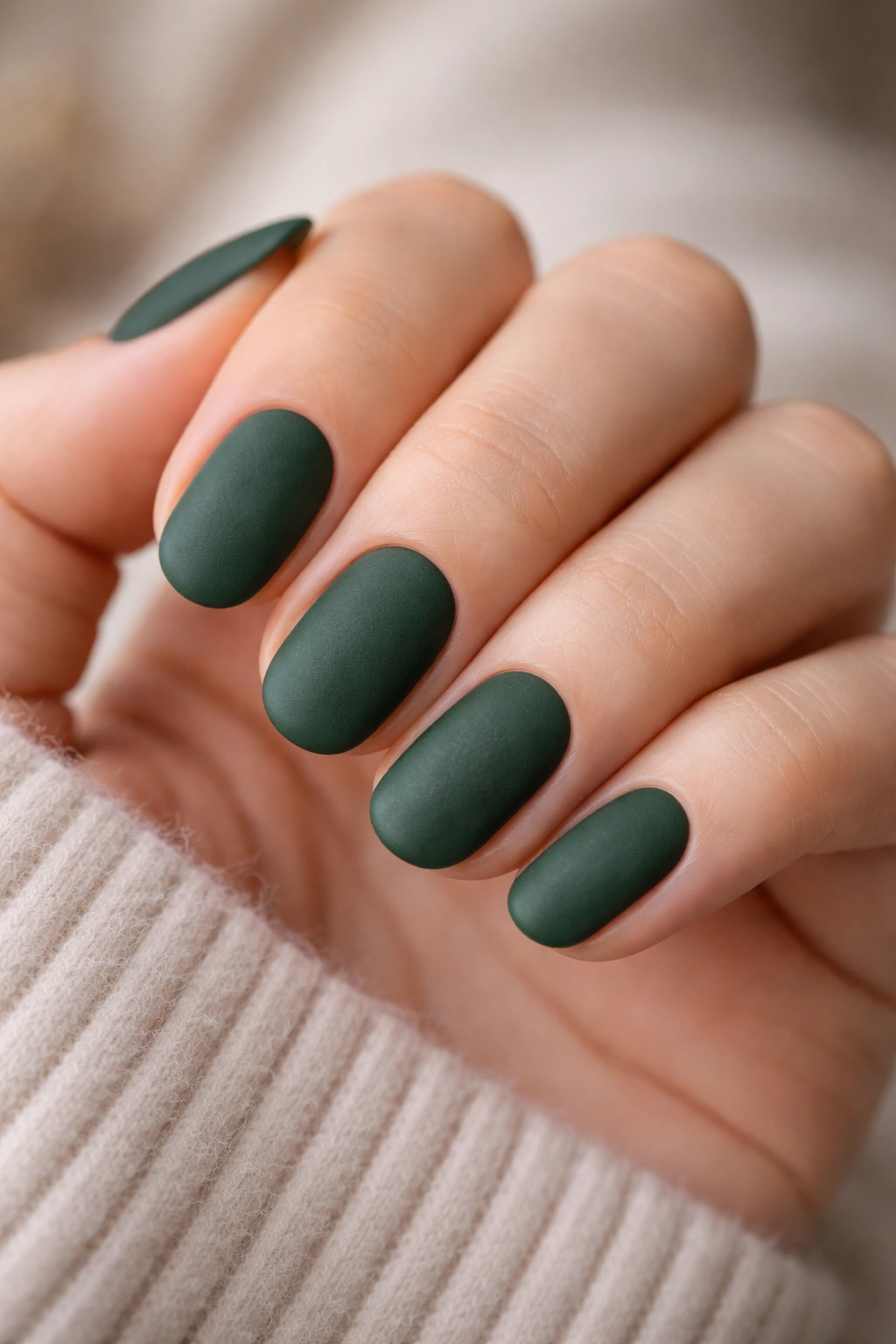 Close-up of short oval nails in matte forest green.