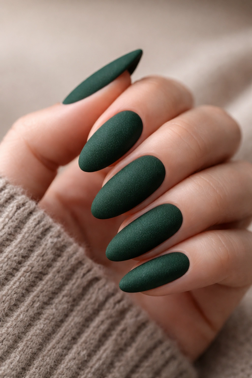 Close-up of forest green matte nails on fingers