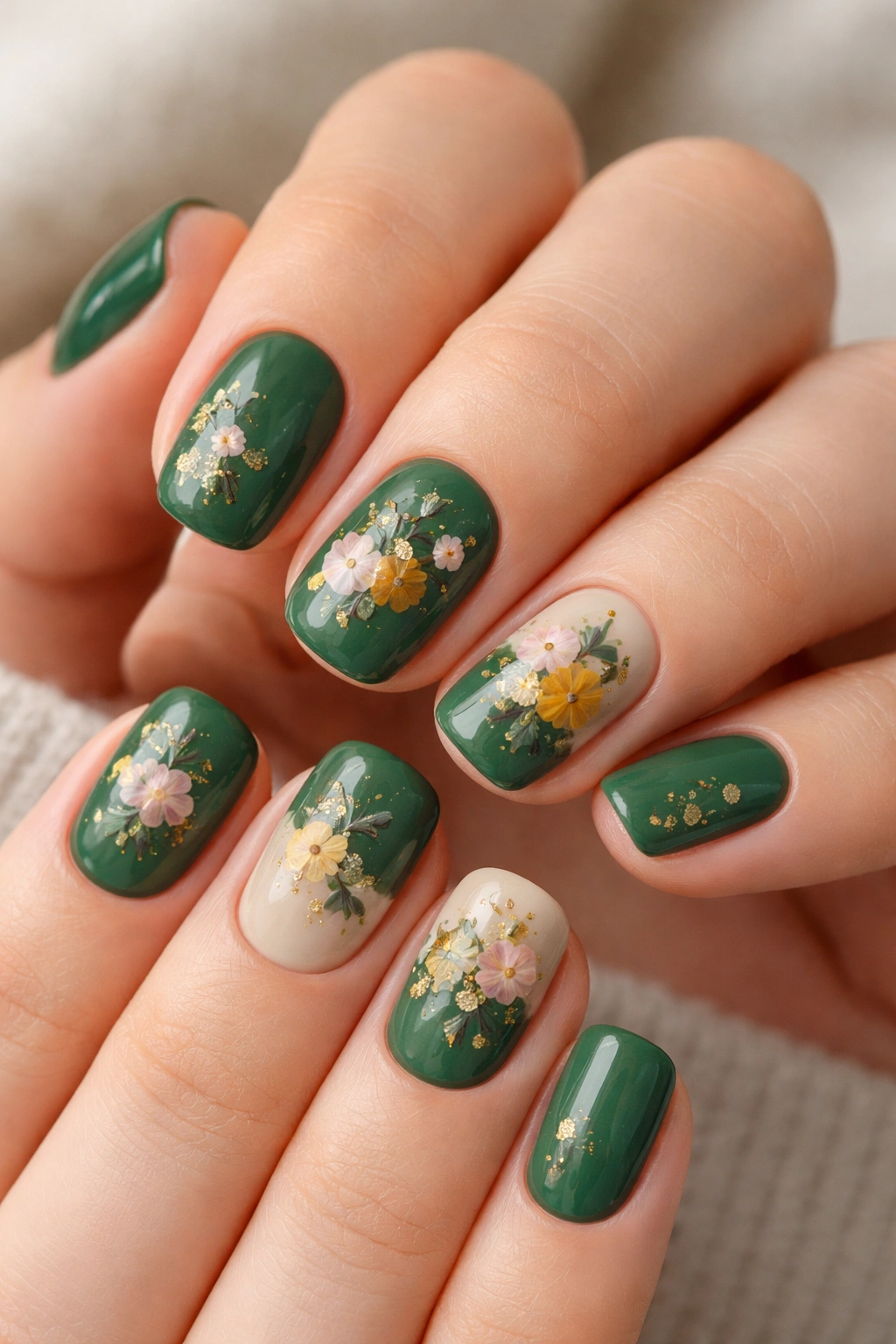 Close-up of short squoval nails with forest green base and pressed flowers
