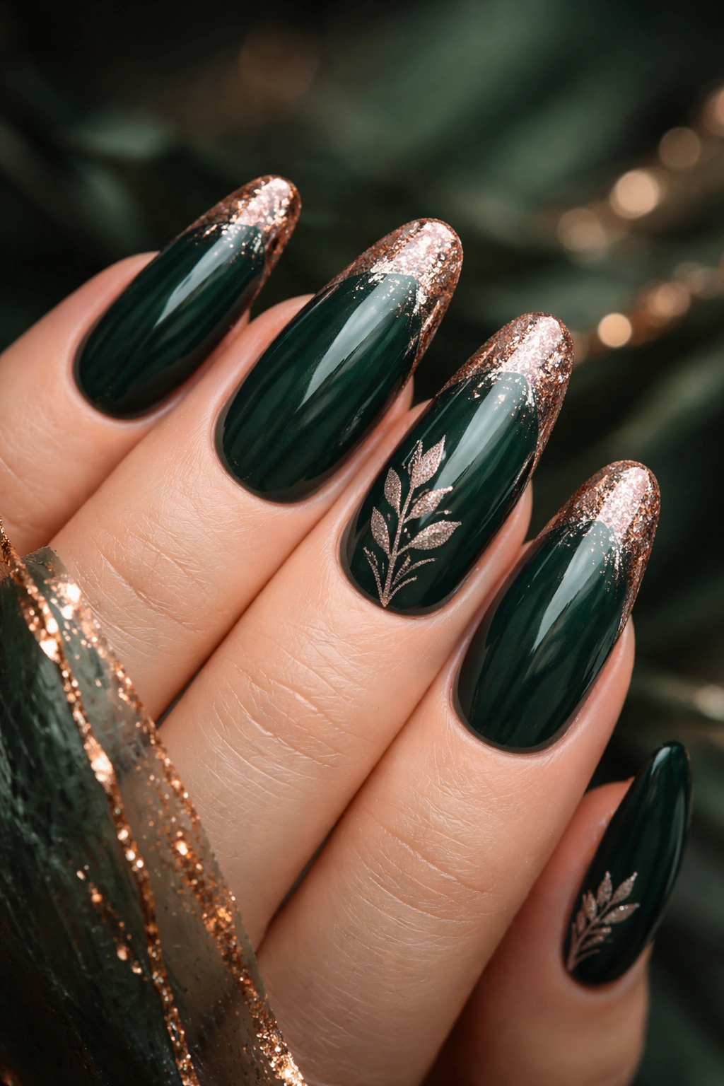 Deep forest green oval nails with rose gold accents.