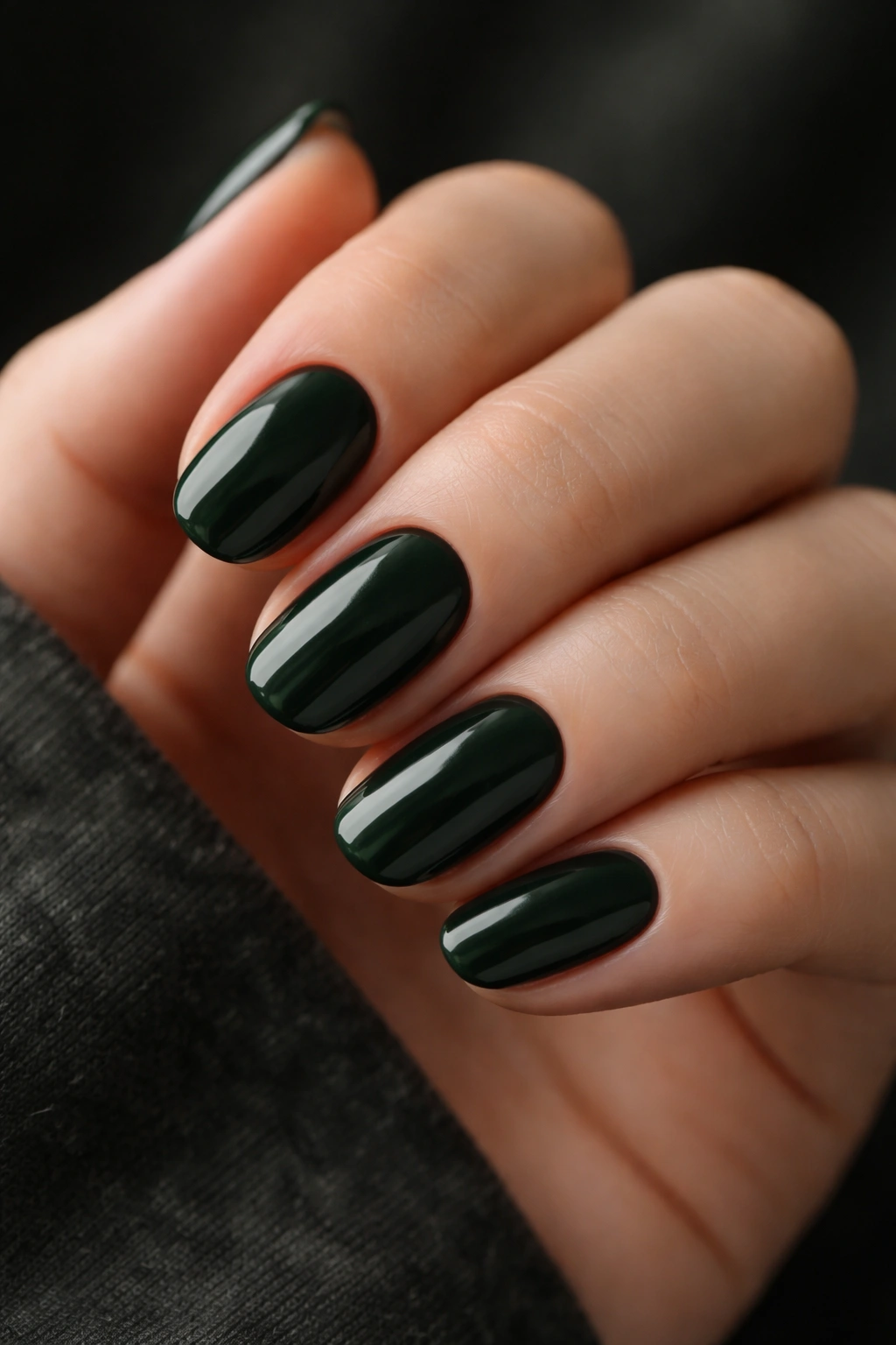 Close-up of forest green short oval nails on hand
