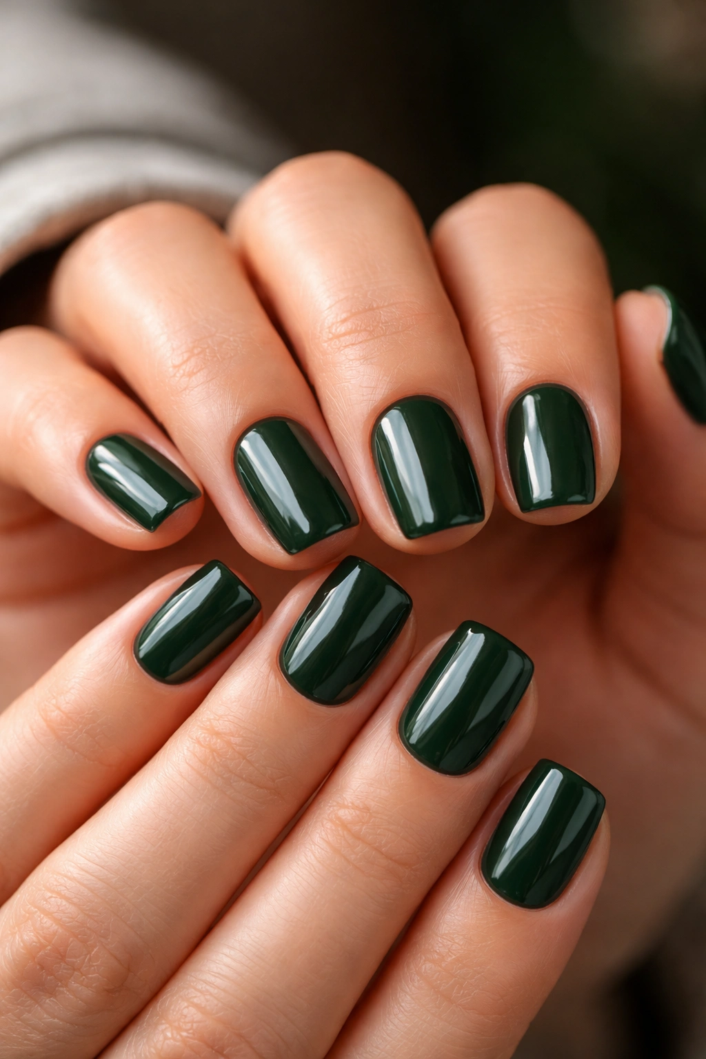Close-up of forest green squoval nails with a glossy finish on a neutral background
