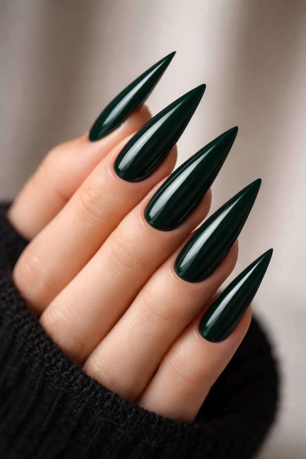 Close-up of dark forest green stiletto nails with emerald undertones