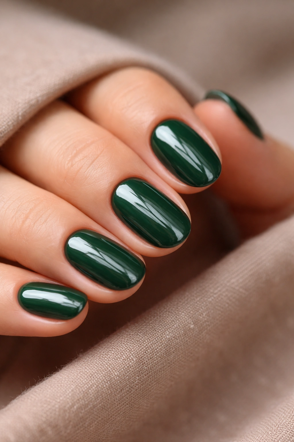 Glossy forest green short oval nails with long-lasting shine