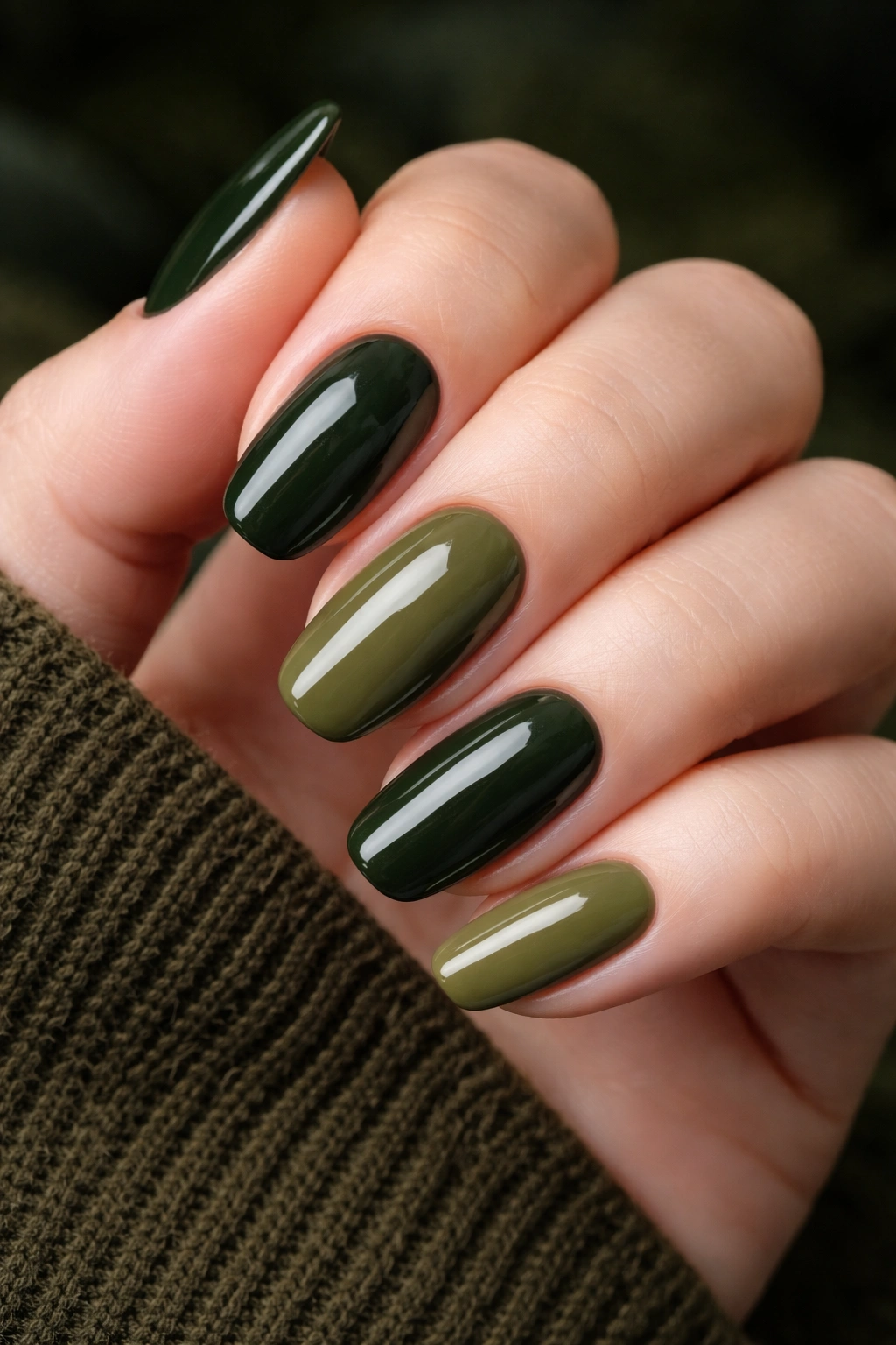 Nails in deep forest green and olive green with glossy finish