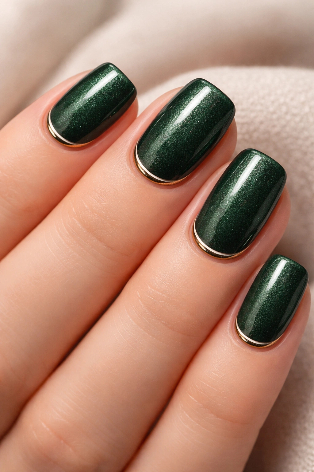Close-up of short squoval nails in forest green shimmer with a fine gold line near cuticle