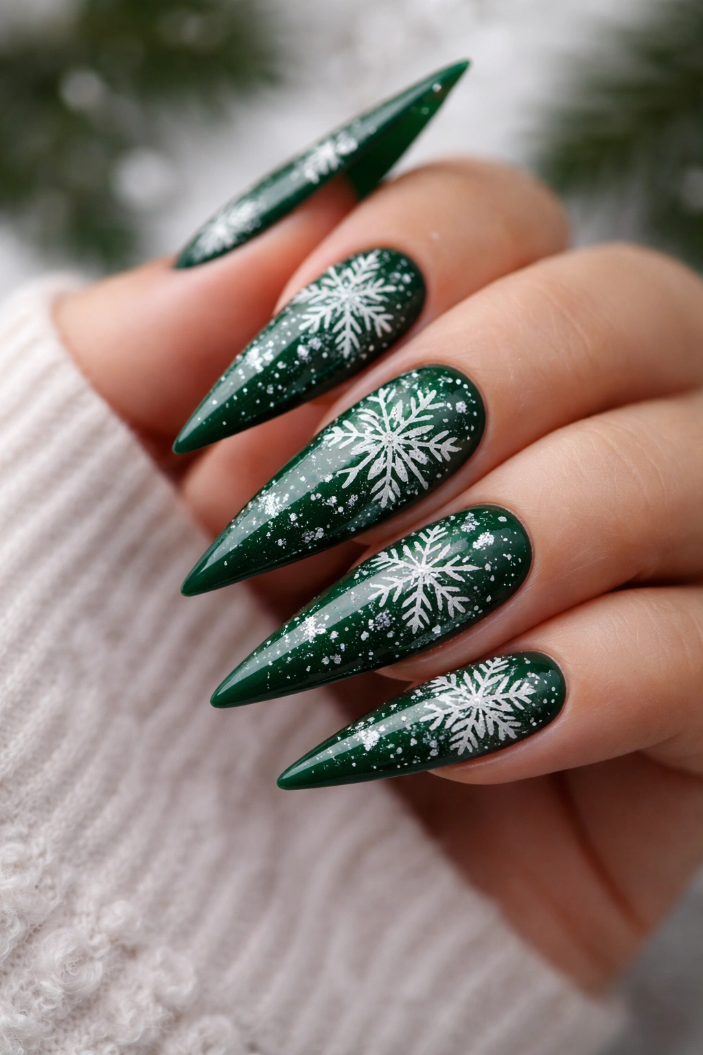 Forest green stiletto nails with white snowflake designs